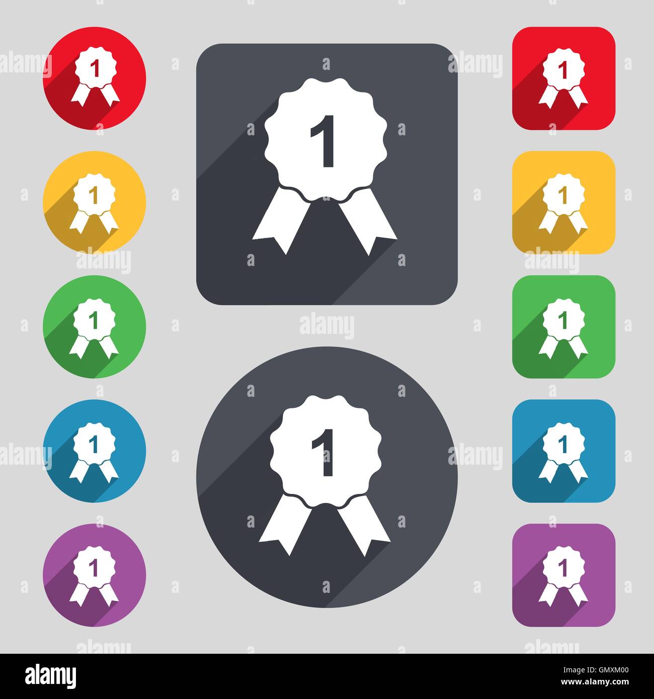 award medal icon sign. A set of 12 colored buttons and a long shadow ...