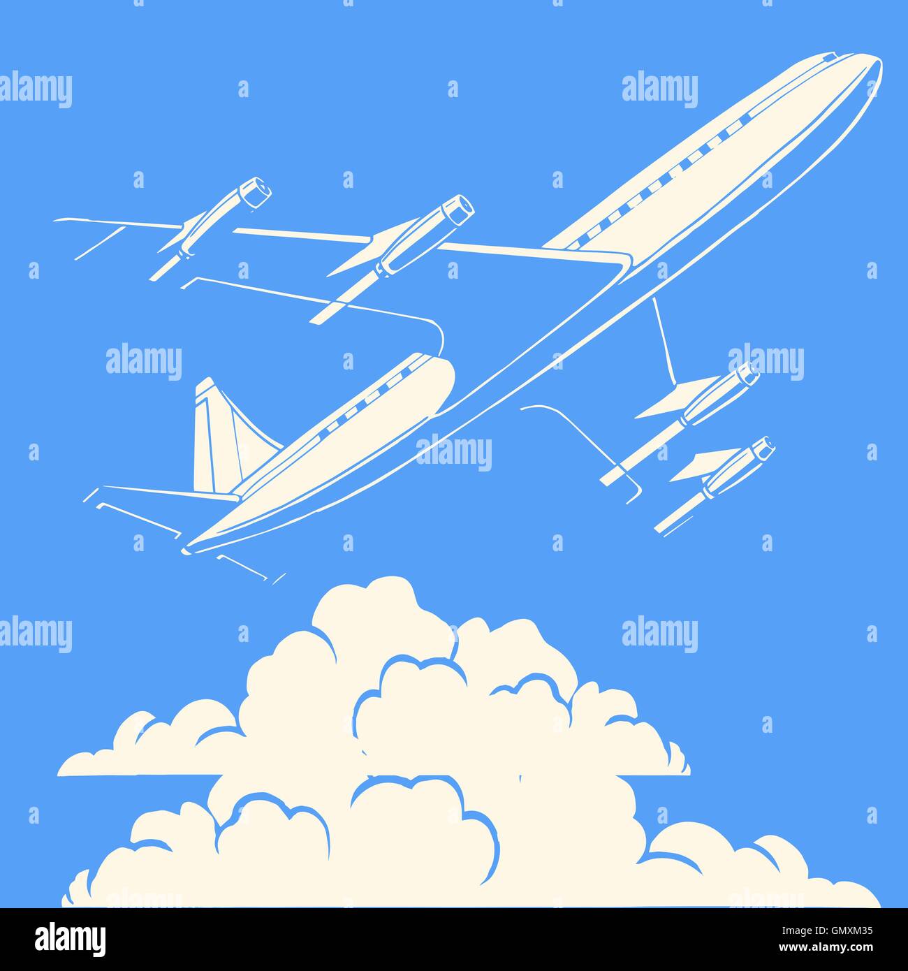 Passenger airplane in the clouds retro background Stock Vector Image ...