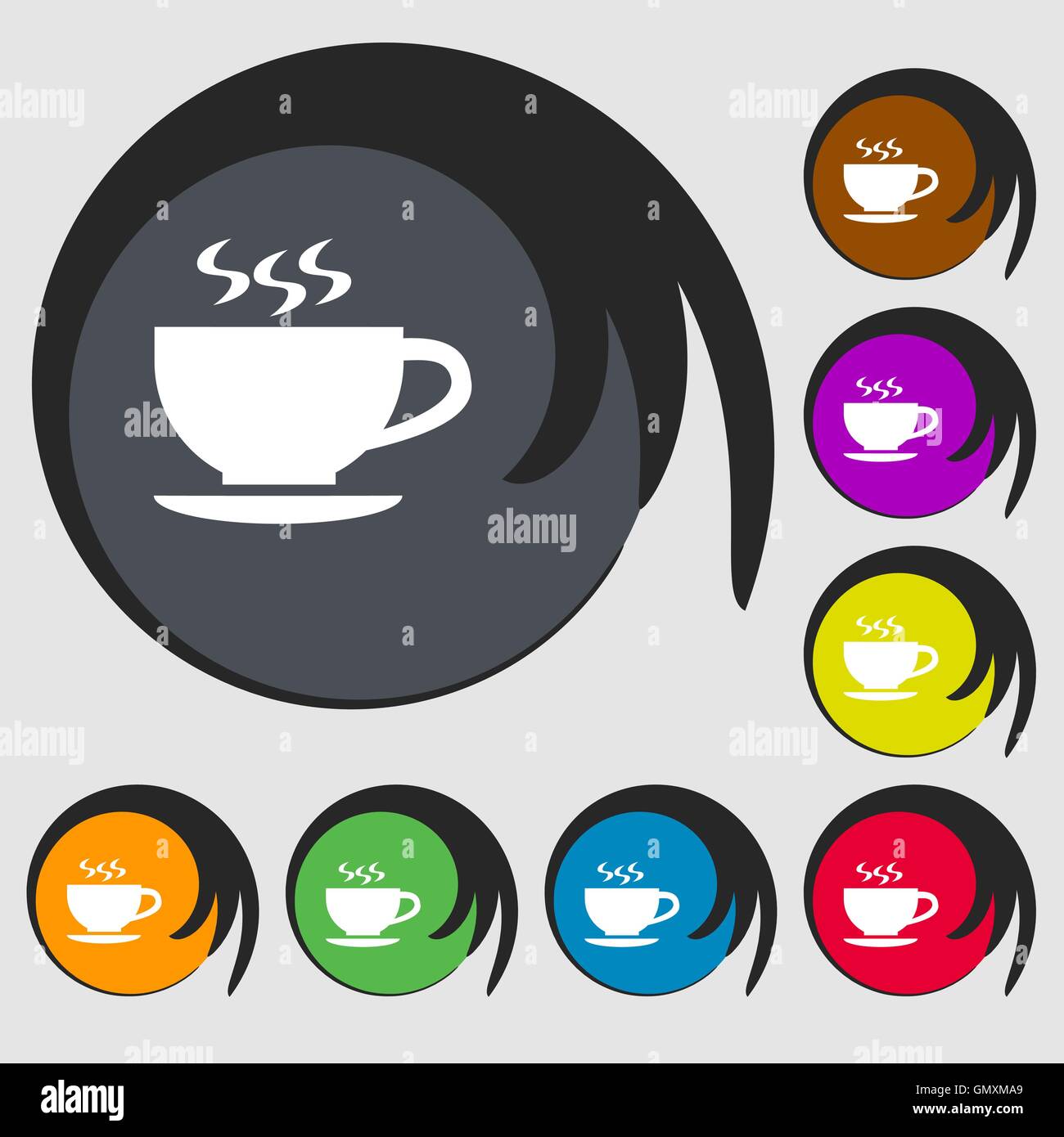 The tea and cup icon. Symbols on eight colored buttons. Vector Stock