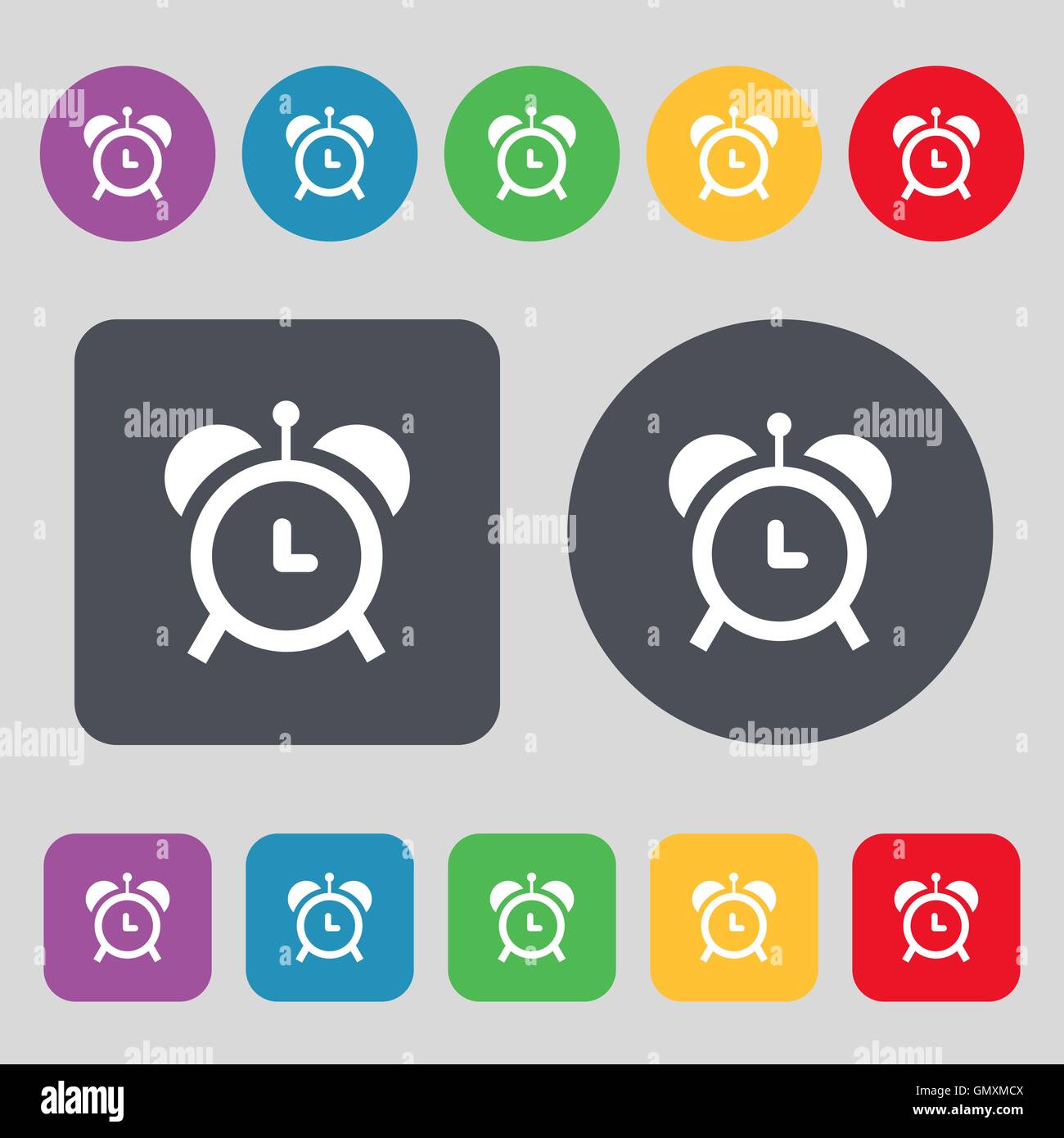 alarm clock icon sign. A set of 12 colored buttons. Flat design. Vector