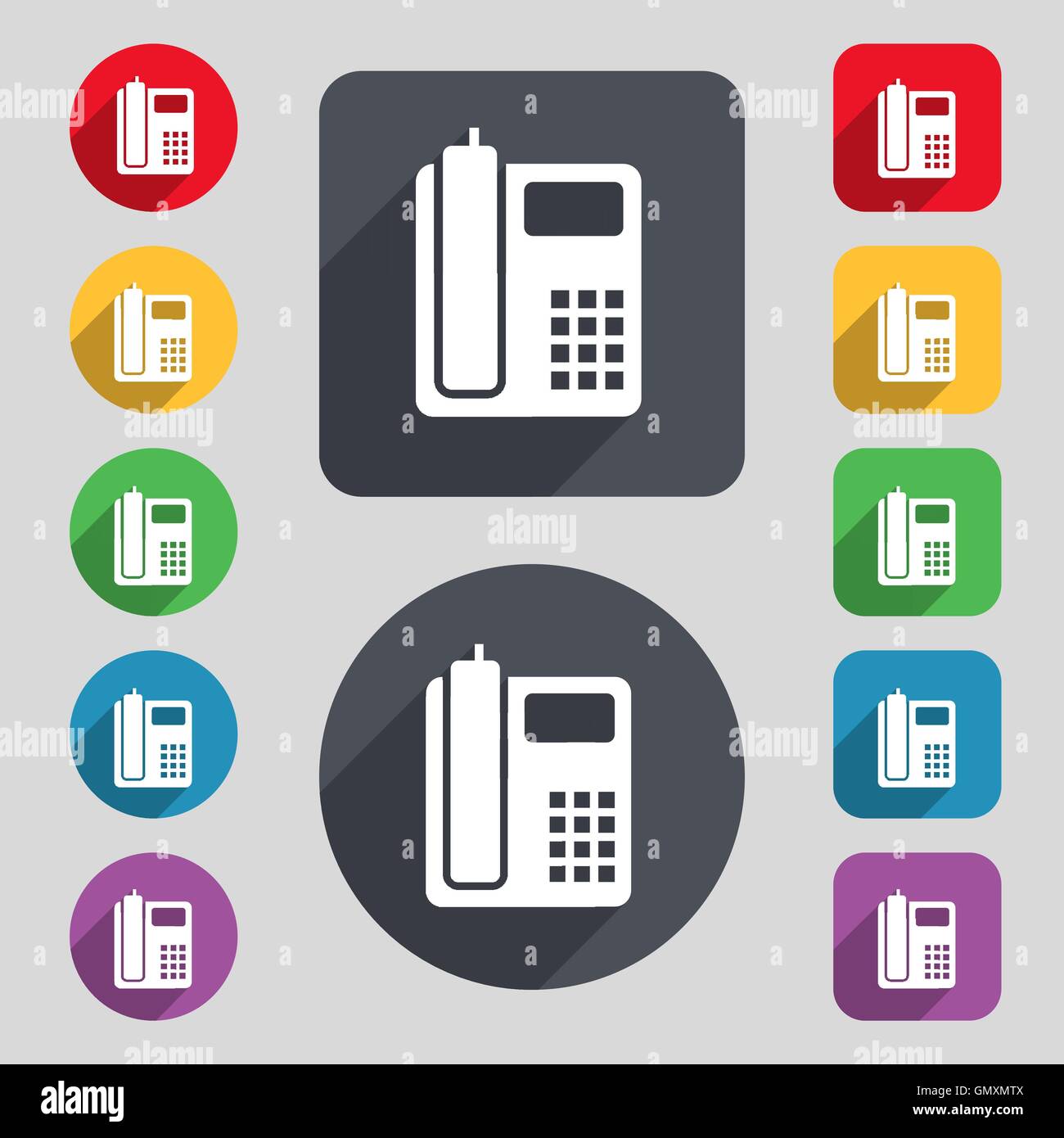 home phone icon sign. A set of 12 colored buttons and a long shadow ...