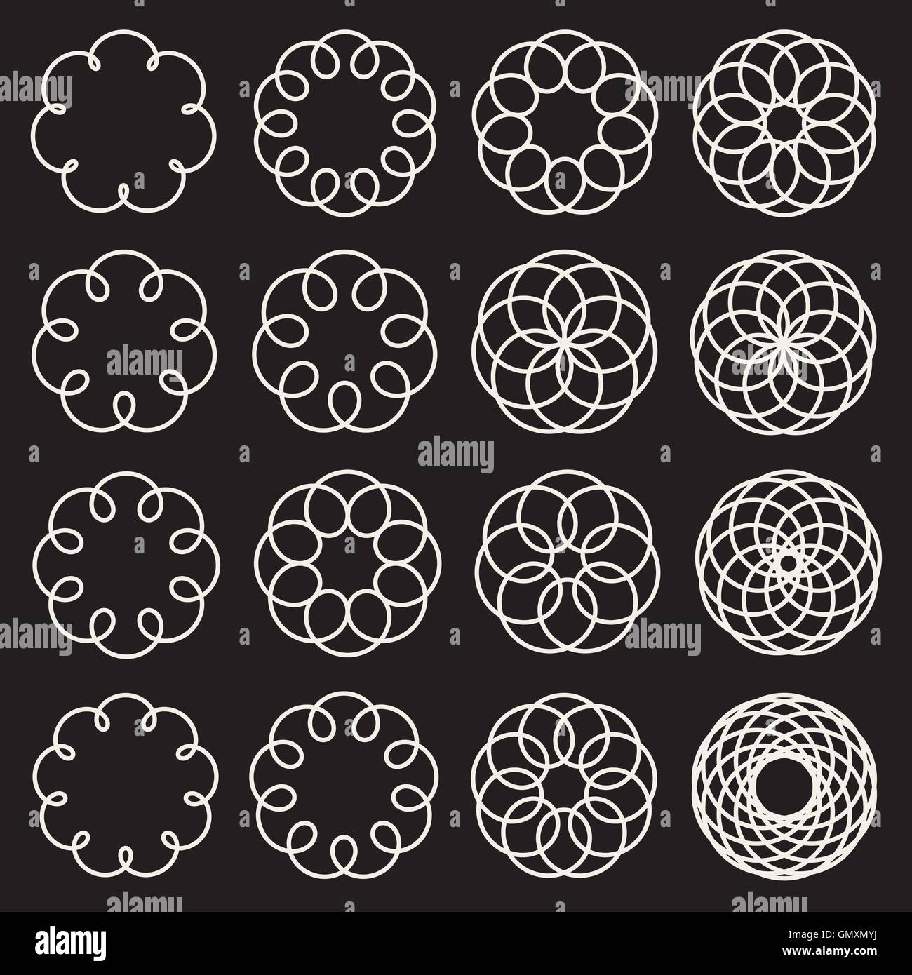 Set of Sixteen Spirograph Line Circles Decorative Design Elements Stock Vector