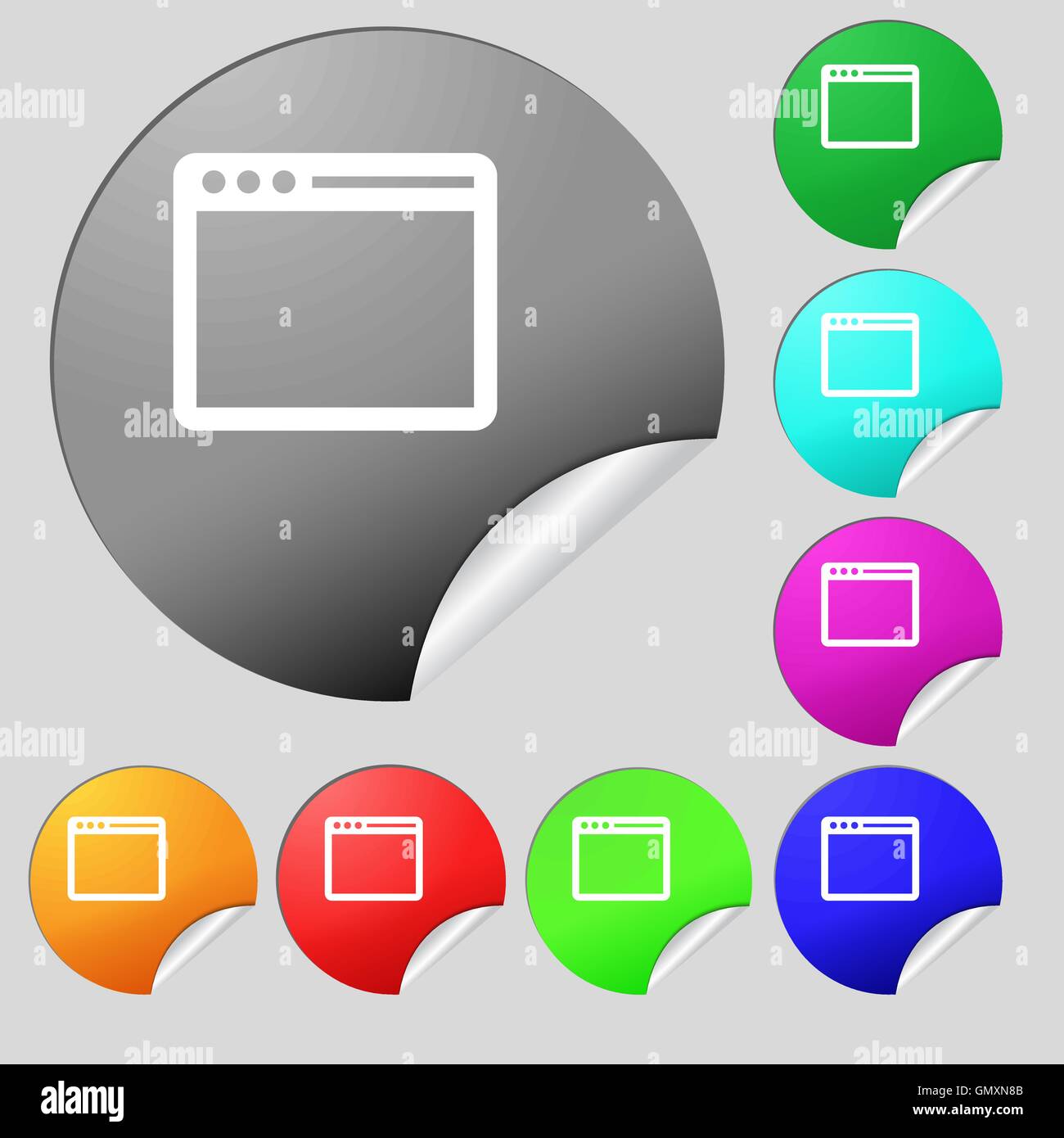 Simple Browser window icon sign. Set of eight multi colored round ...