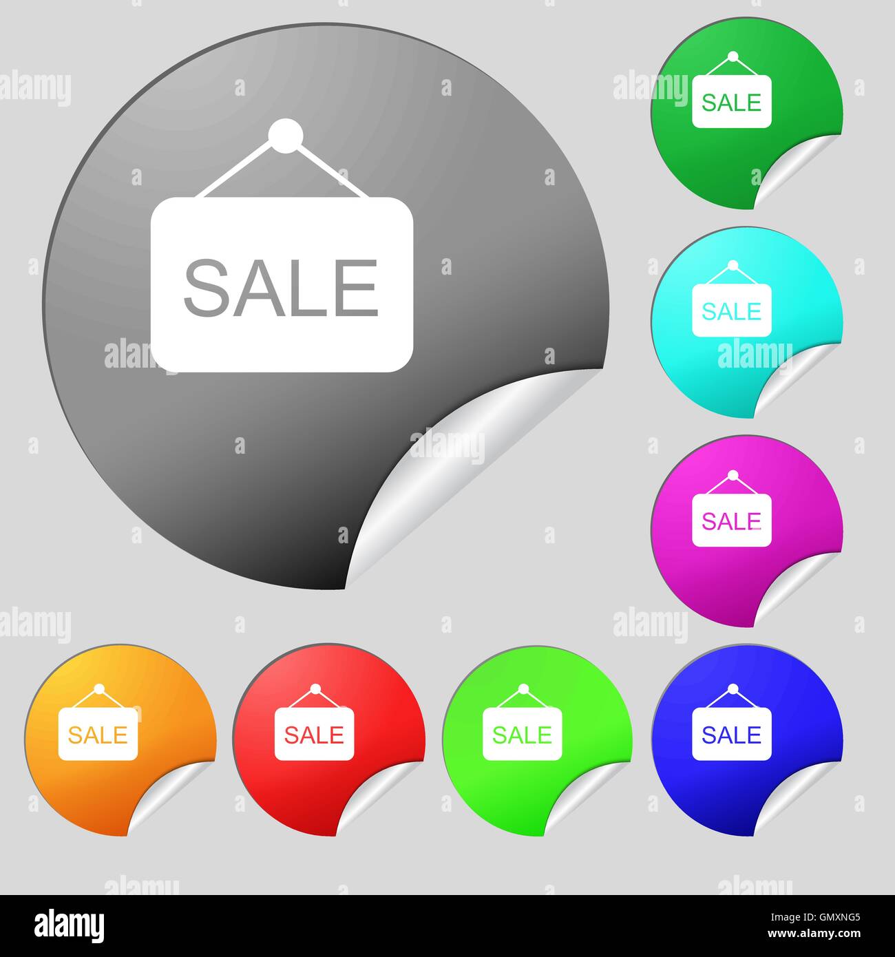 Sale icon sign. Set of eight multi colored round buttons, stickers ...