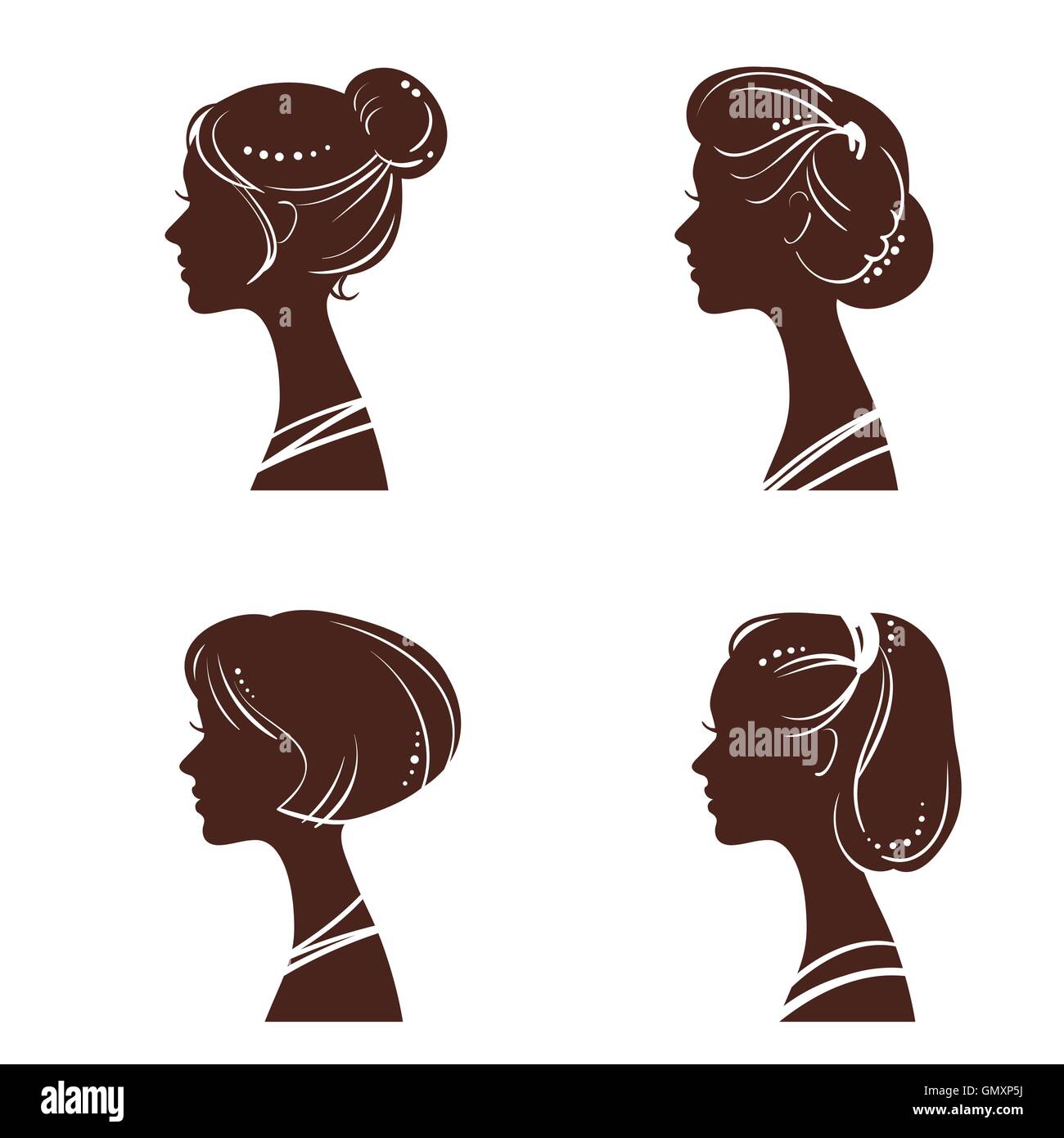 Four silhouettes of women's heads with beautiful stylized haircut Stock Vector