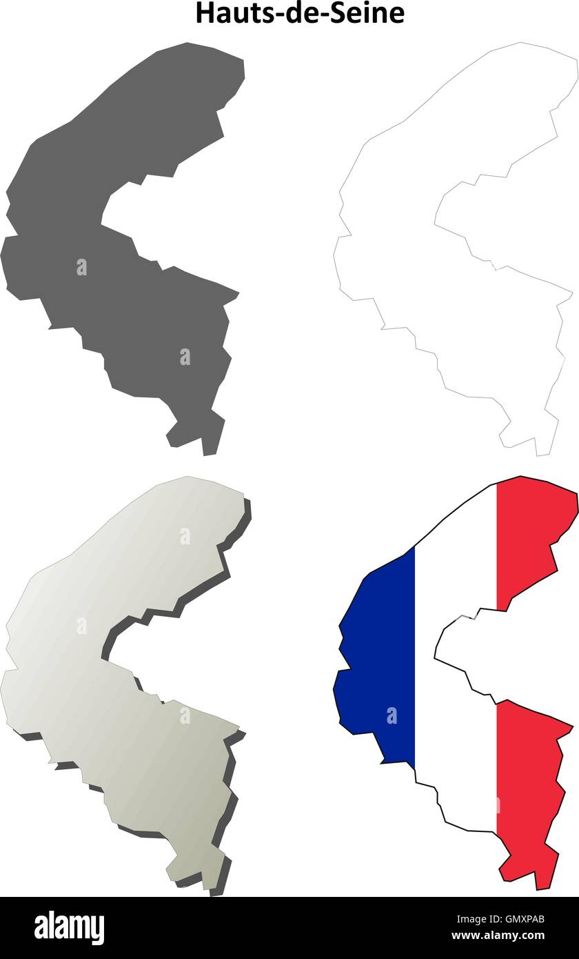 Hauts-de-Seine, Ile-de-France outline map set Stock Vector
