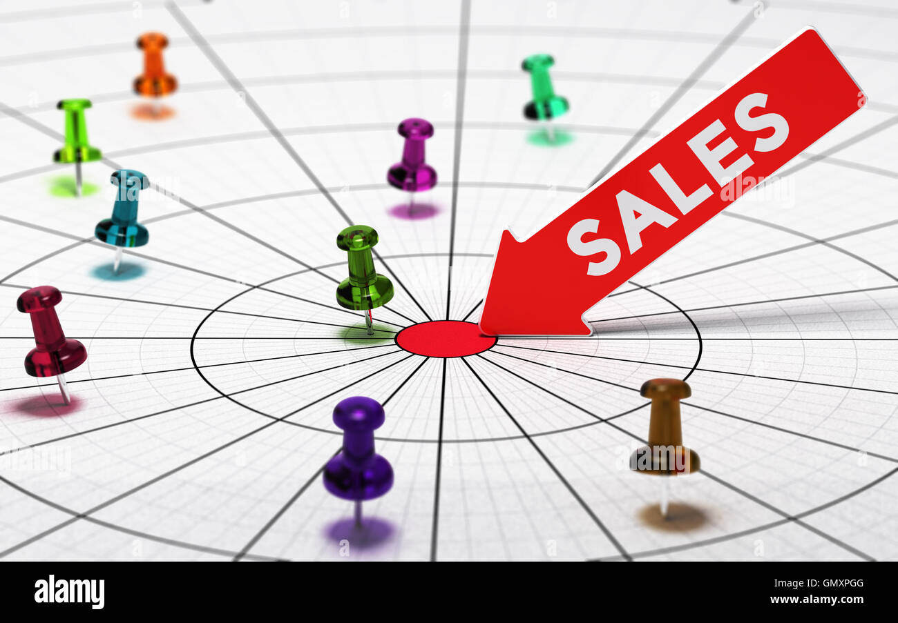 3D illustration of sales performance metrics with pushpins positioned on a circular graph Stock Photo