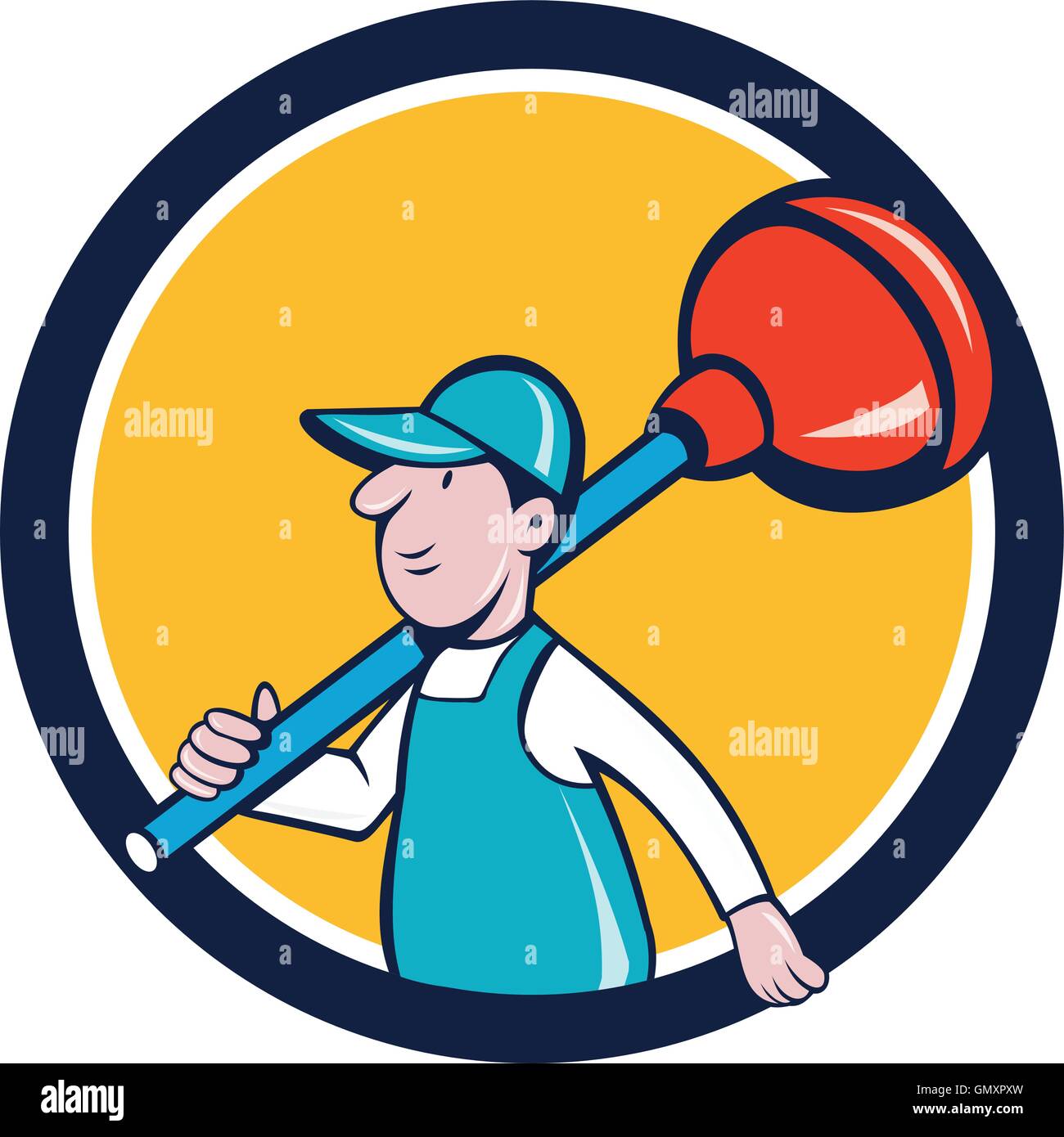 Plumber Carrying Plunger Walking Circle Cartoon Stock Vector Image