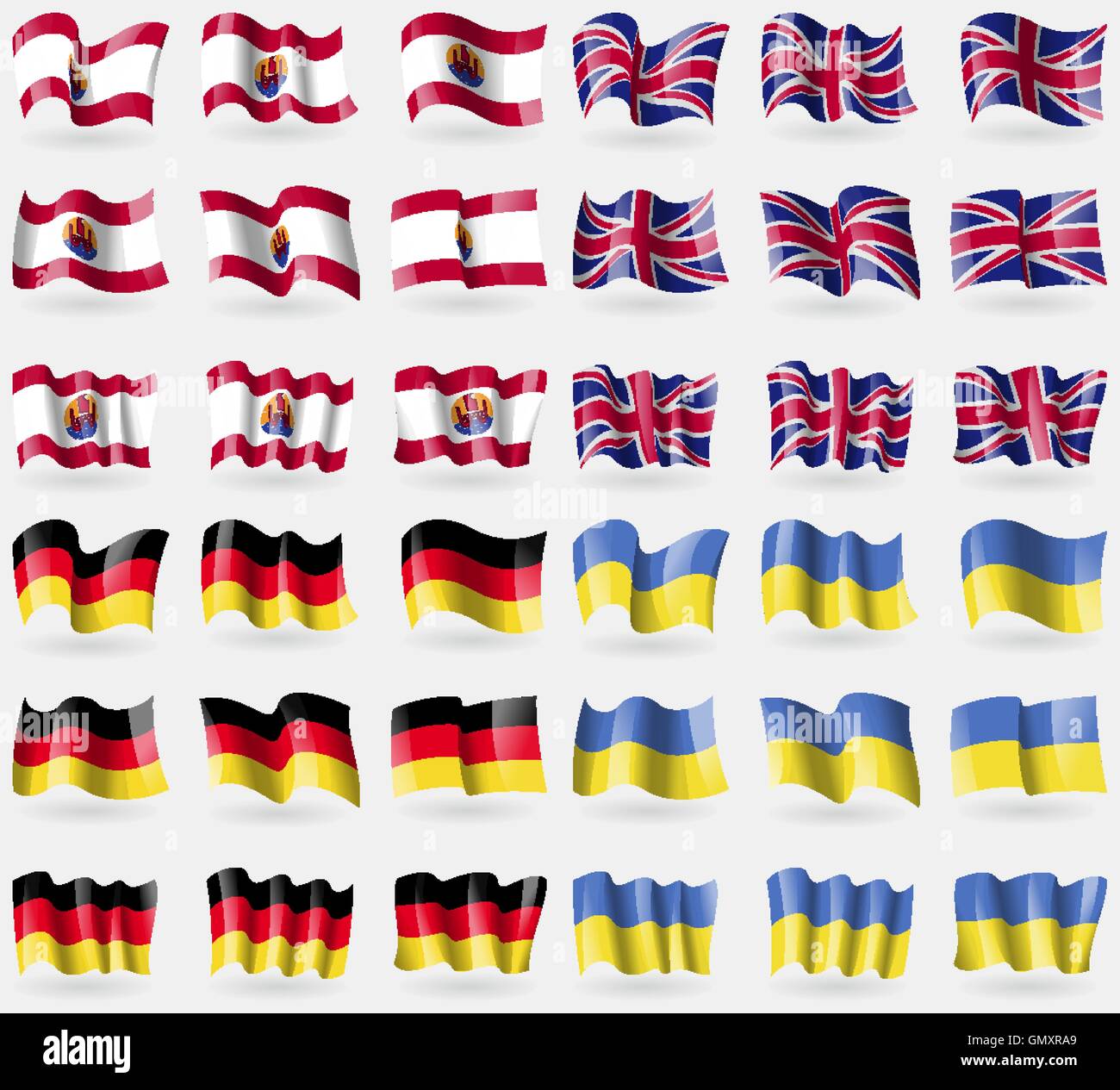 French Polynesia, United Kingdom, Germany, Ukraine. Set of 36 flags of the countries of the world. Vector Stock Vector