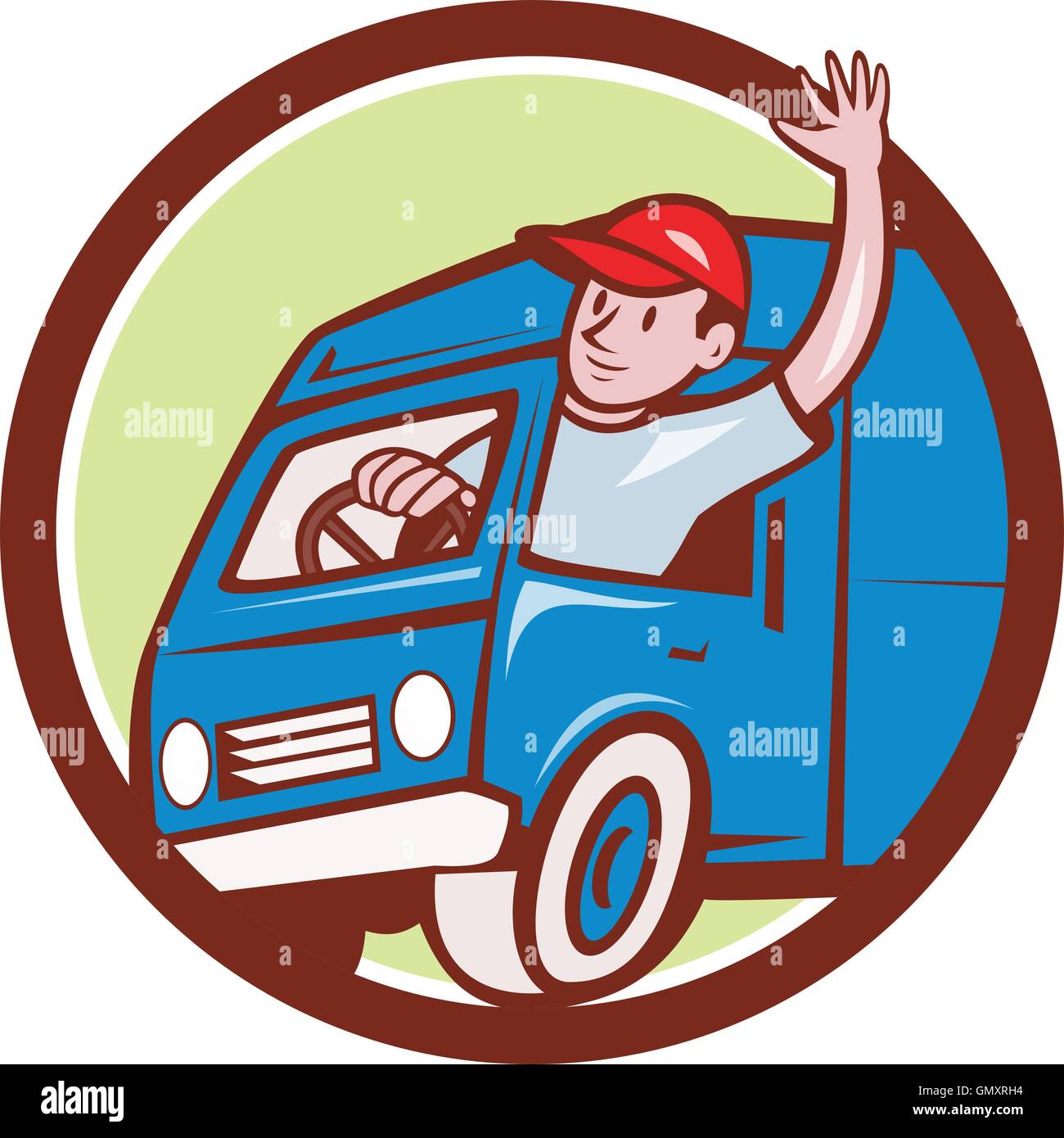 Delivery Man Waving Driving Van Circle Cartoon Stock Vector Image & Art