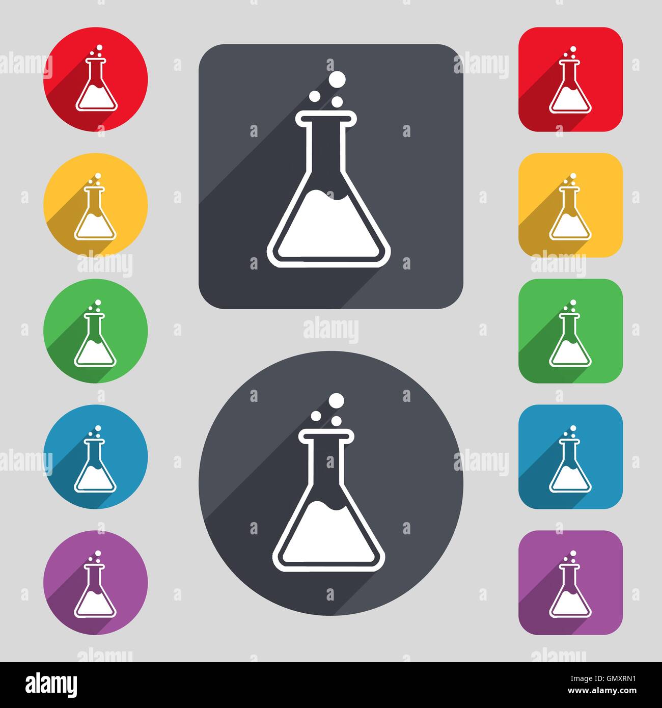 Flask icon sign. A set of 12 colored buttons and a long shadow. Flat ...