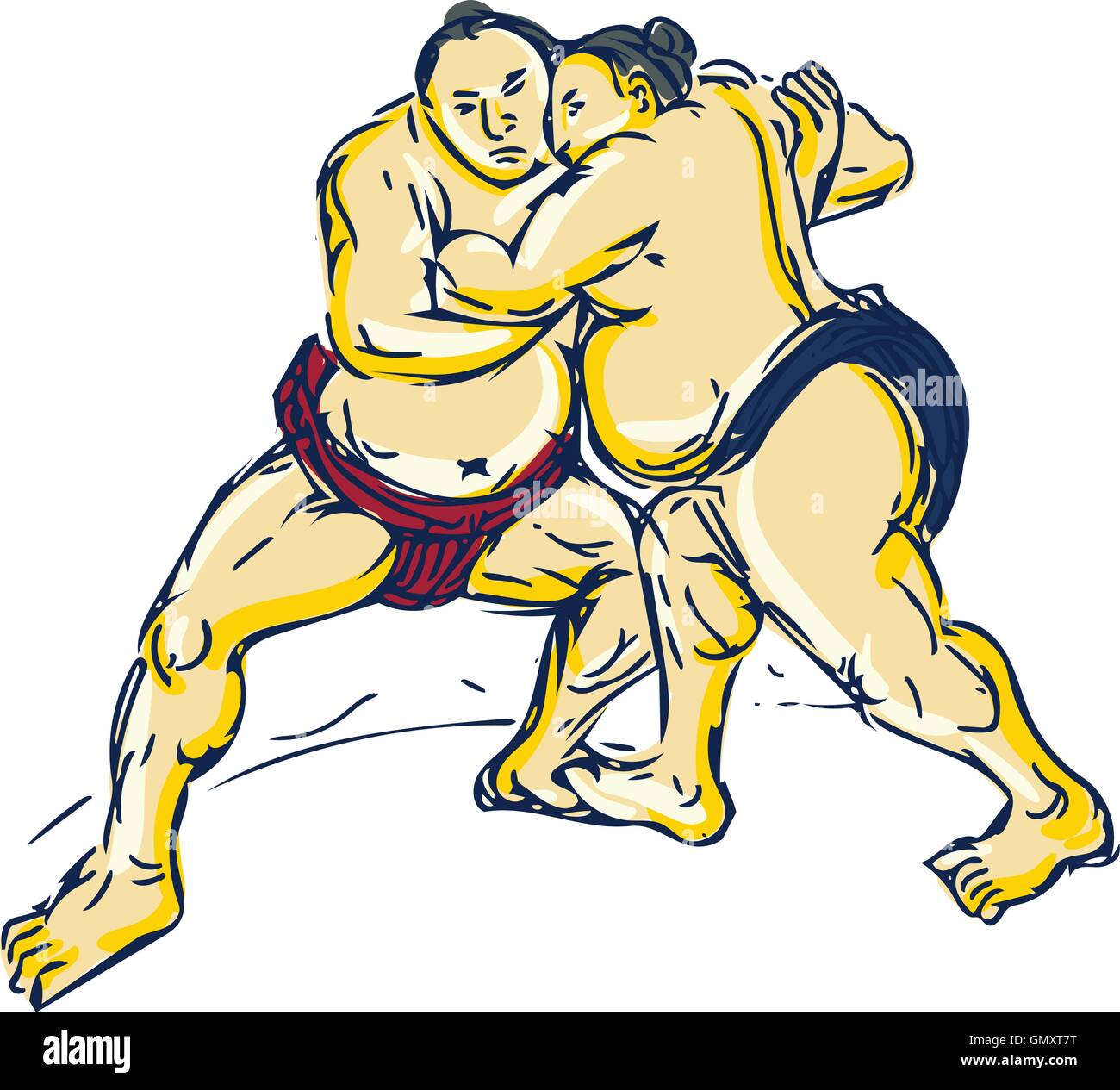 Japanese Sumo Wrestler Wrestling Drawing Stock Vector