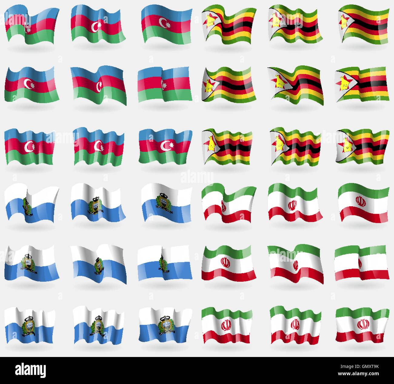 Azerbaijan, Zimbabwe, San Marino, Iran. Set of 36 flags of the countries of the world. Vector Stock Vector