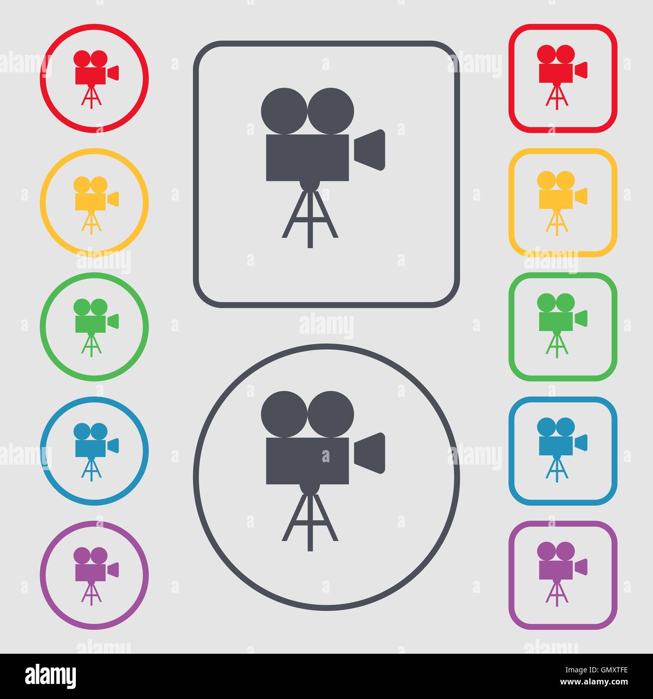 Video camera icon sign. symbol on the Round and square buttons with ...