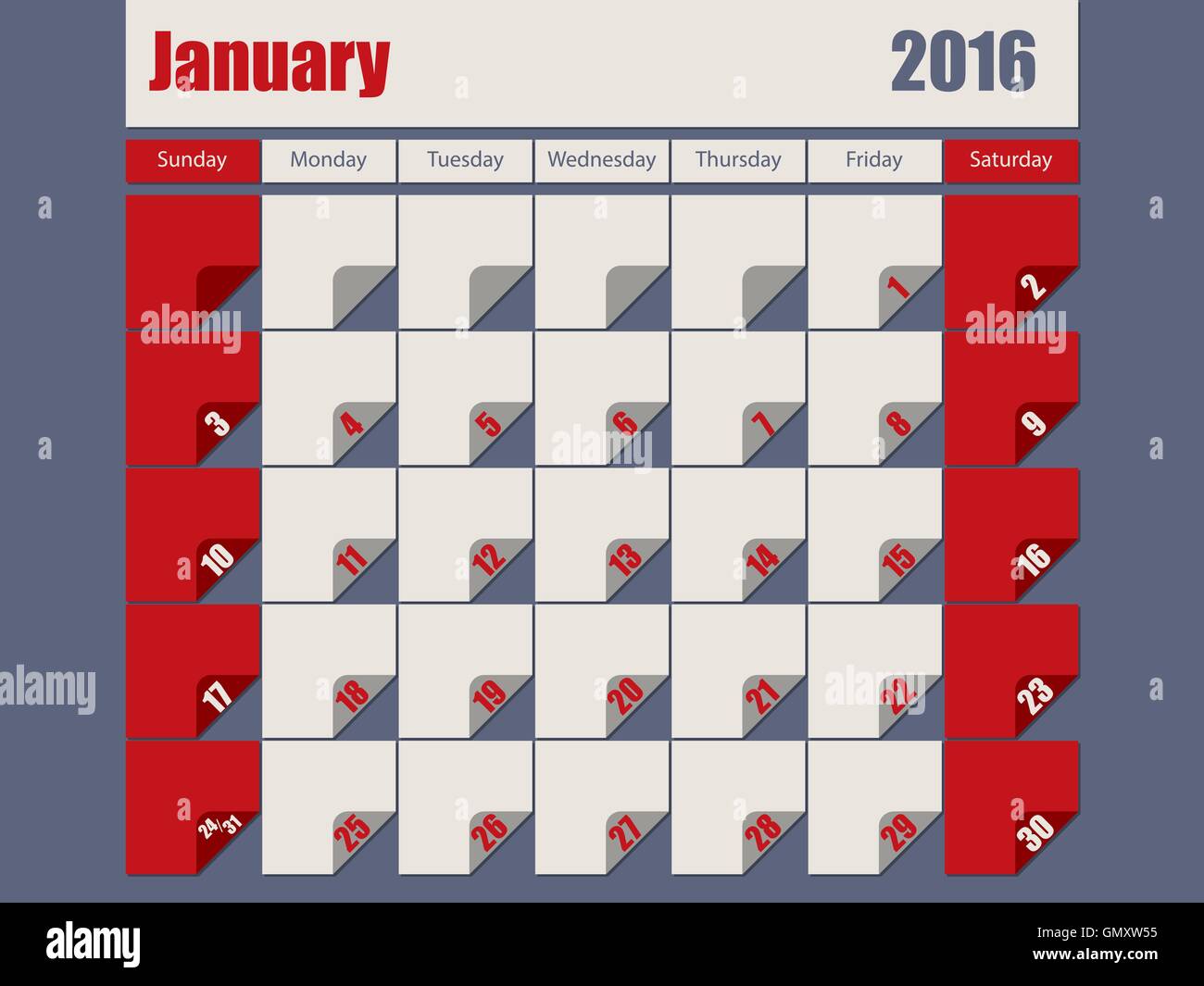 Gray Red colored 2016 january calendar Stock Vector