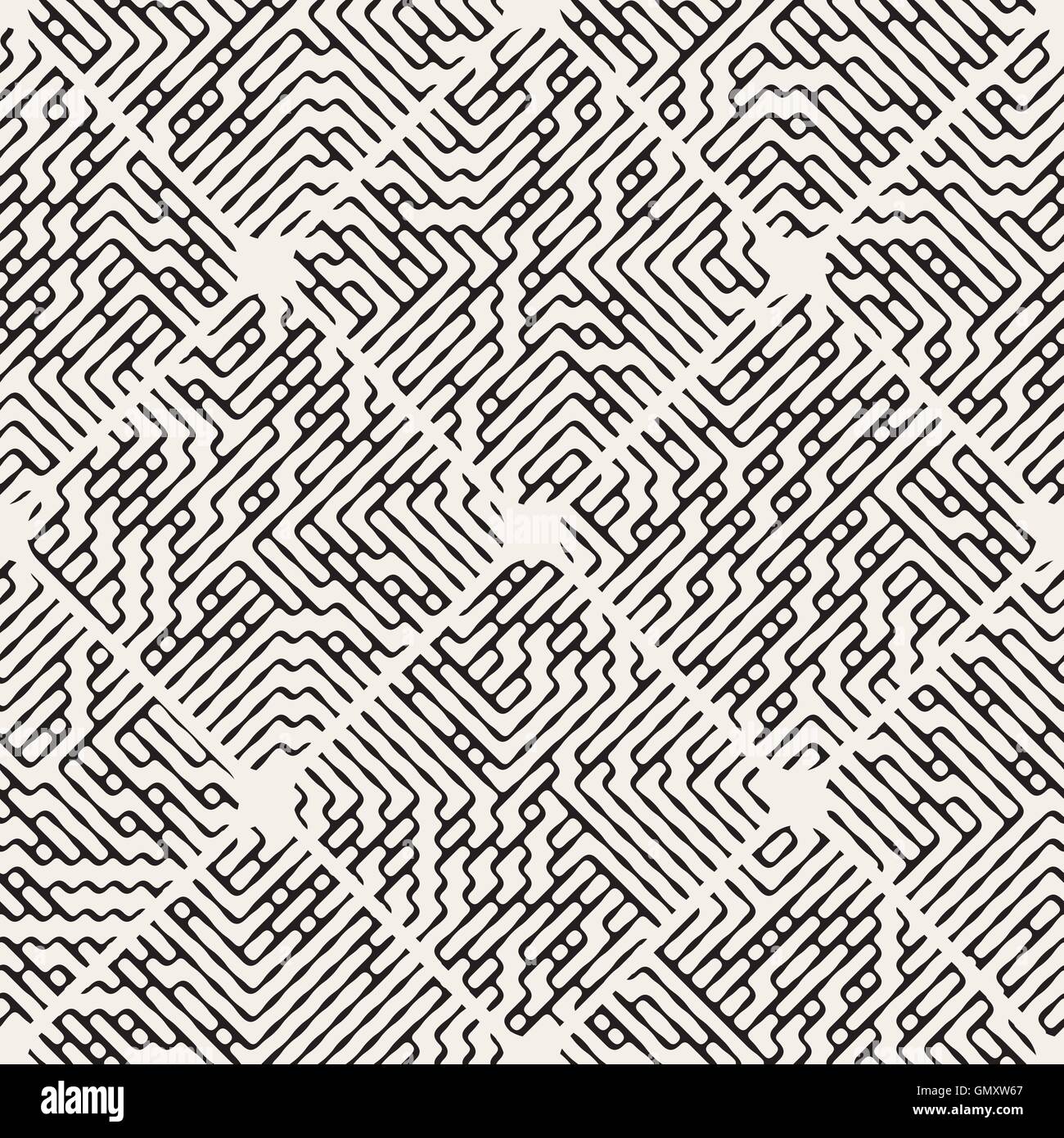 Vector Seamless Black and White Rounded Rhombus Pavement Filled With Maze Lines Pattern Stock Vector