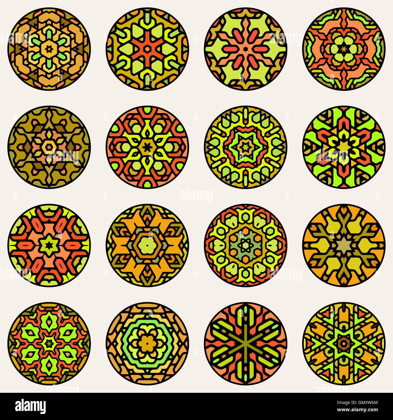 Set of Nine Vector Colorful Circular Floral Oriental Star Mandala ...