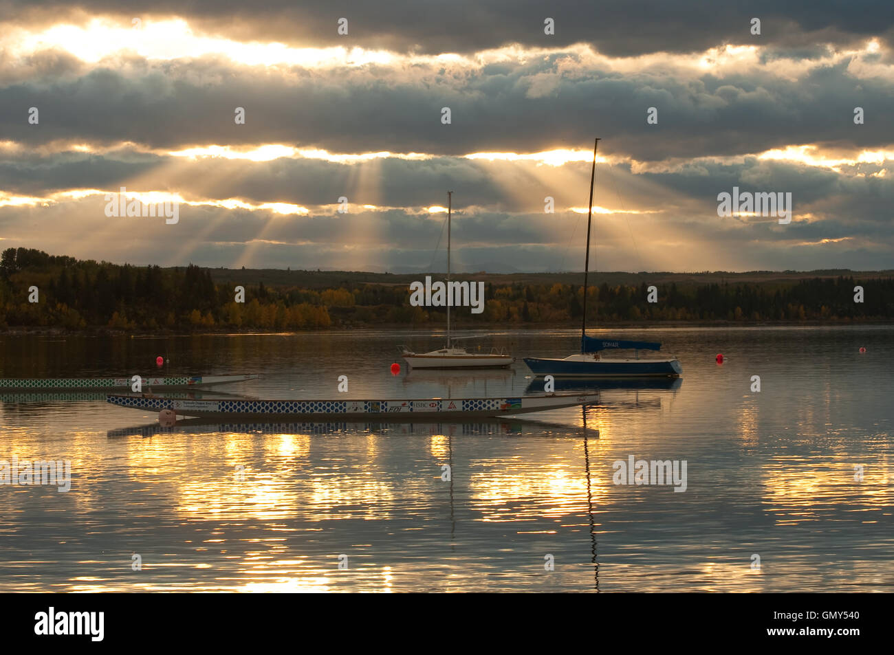 Boats on the Glenmore Reservoir in Calgary Alberta Canada Stock Photo