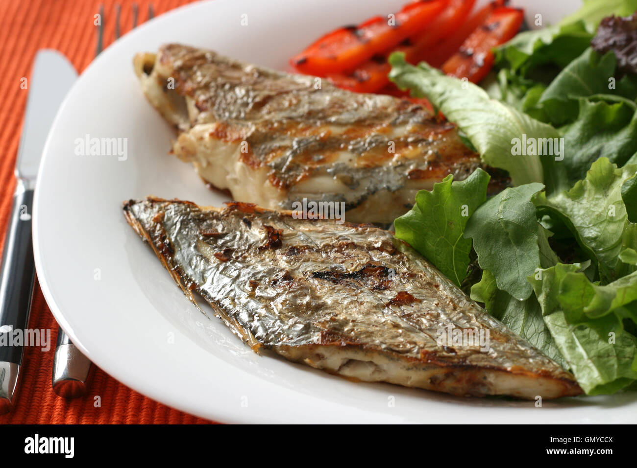 fried swordfish with salad Stock Photo