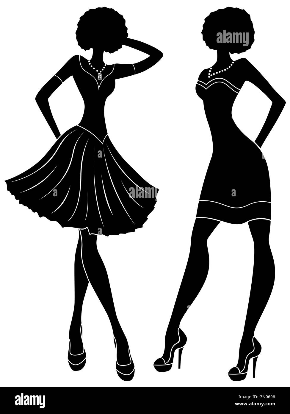 Abstract graceful fashion models in short modern dresses, hand drawing stylized vector black stencil silhouettes Stock Vector