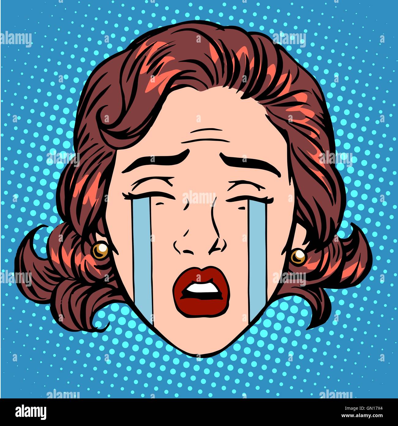 Retro Emoji tears crying sorrow woman face Stock Vector