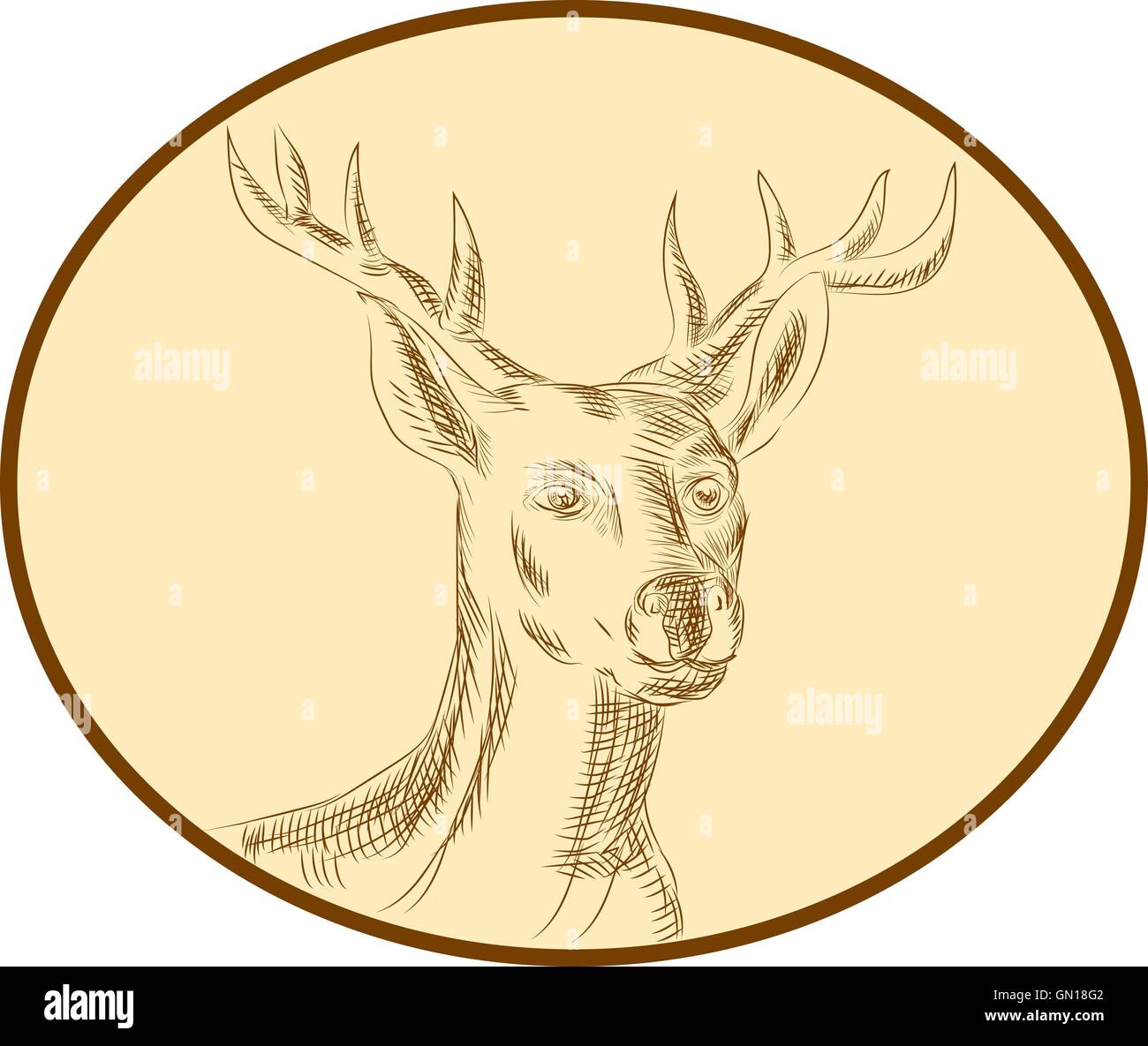Red Stag Deer Head Circle Etching Stock Vector