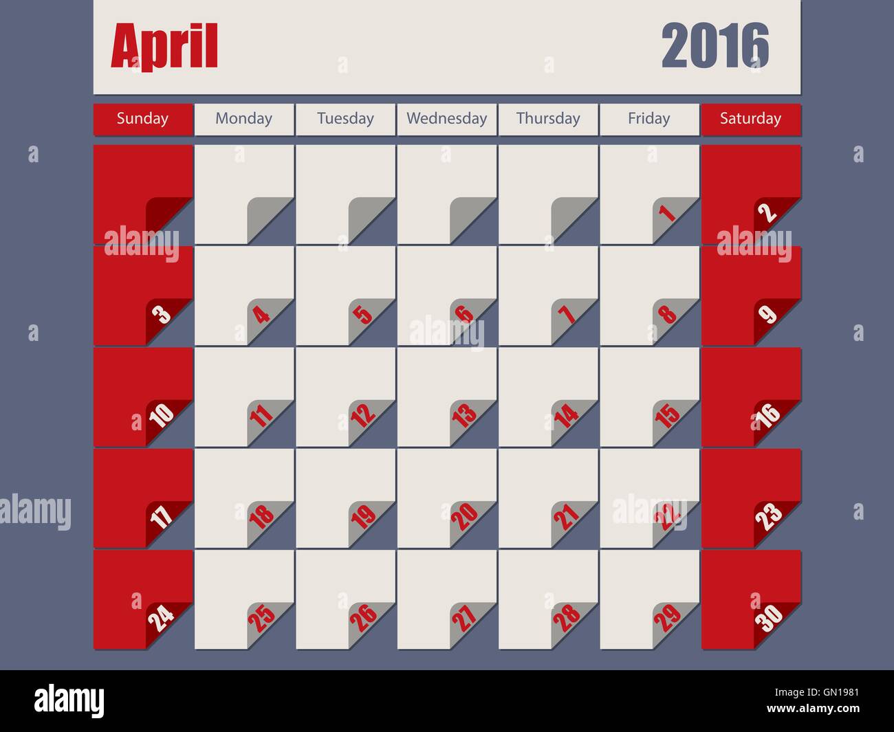 Gray Red colored 2016 april calendar Stock Vector