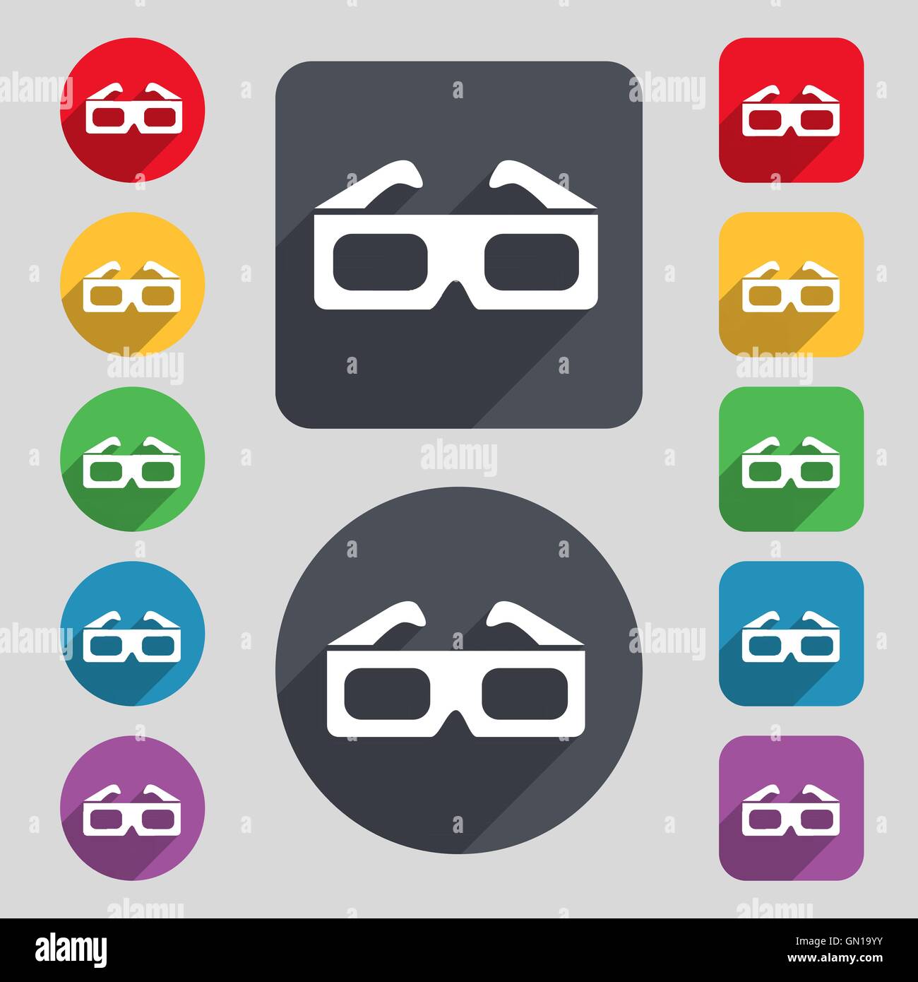 3d glasses icon sign. A set of 12 colored buttons and a long shadow ...