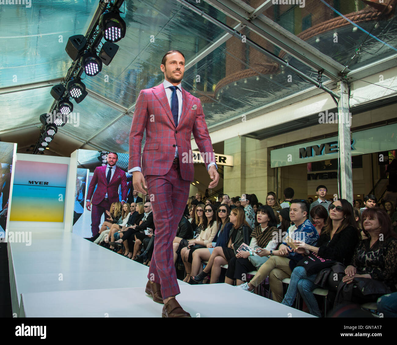 Australia. 27th Aug, 2016. Models showcase designs stocked by Myer Department Stores on the catwalk during 'Runway Weekend' at Pitt Street Mall on August 27, 2016, in Sydney, Australia. Credit:  Hugh Peterswald/Pacific Press/Alamy Live News Stock Photo