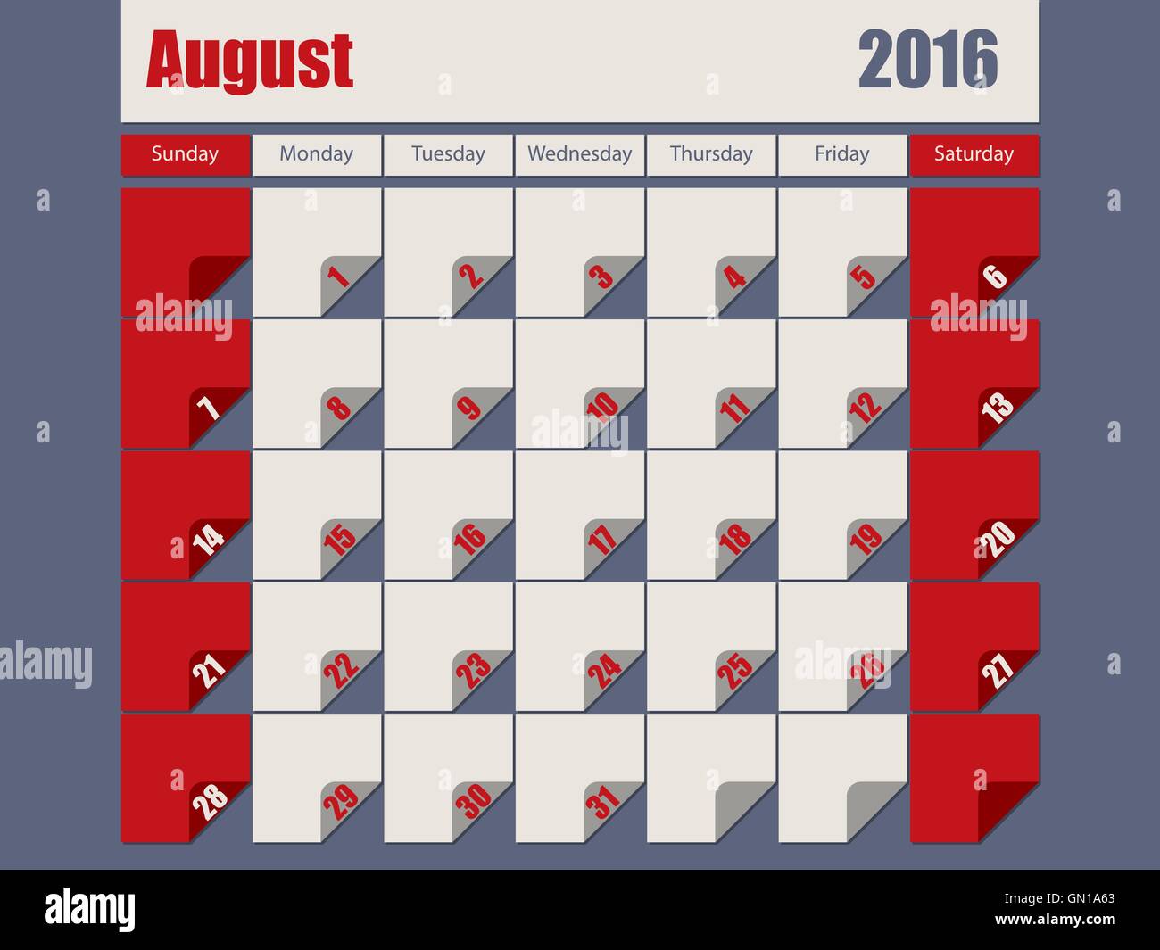 Gray Red colored 2016 august calendar Stock Vector