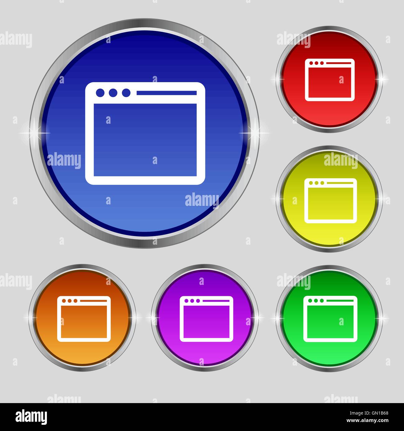 Simple Browser window icon sign. Round symbol on bright colourful ...
