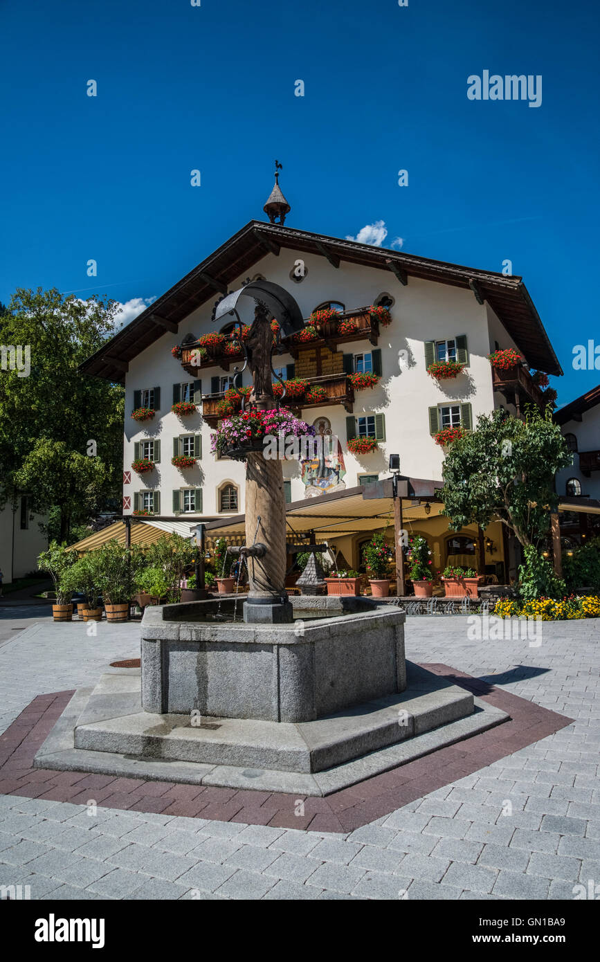 Street scene with tradition building in the resort town of Mayrhofen Stock Photo