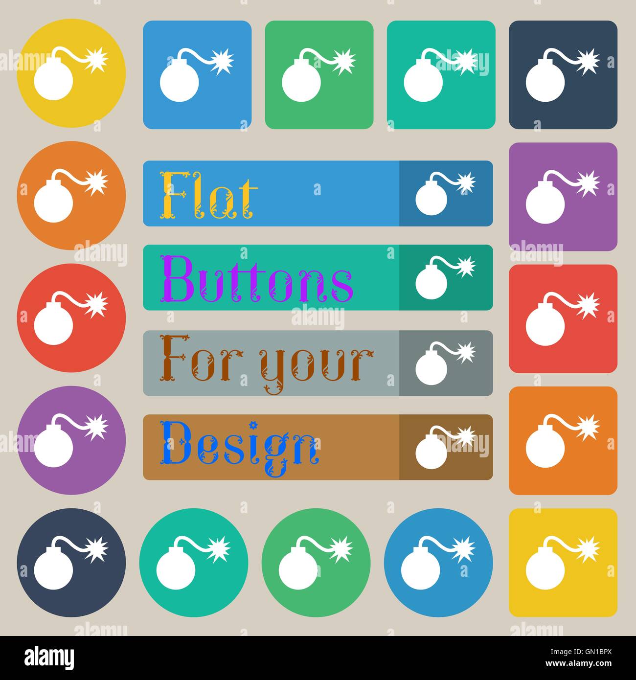 bomb icon sign. Set of twenty colored flat, round, square and ...