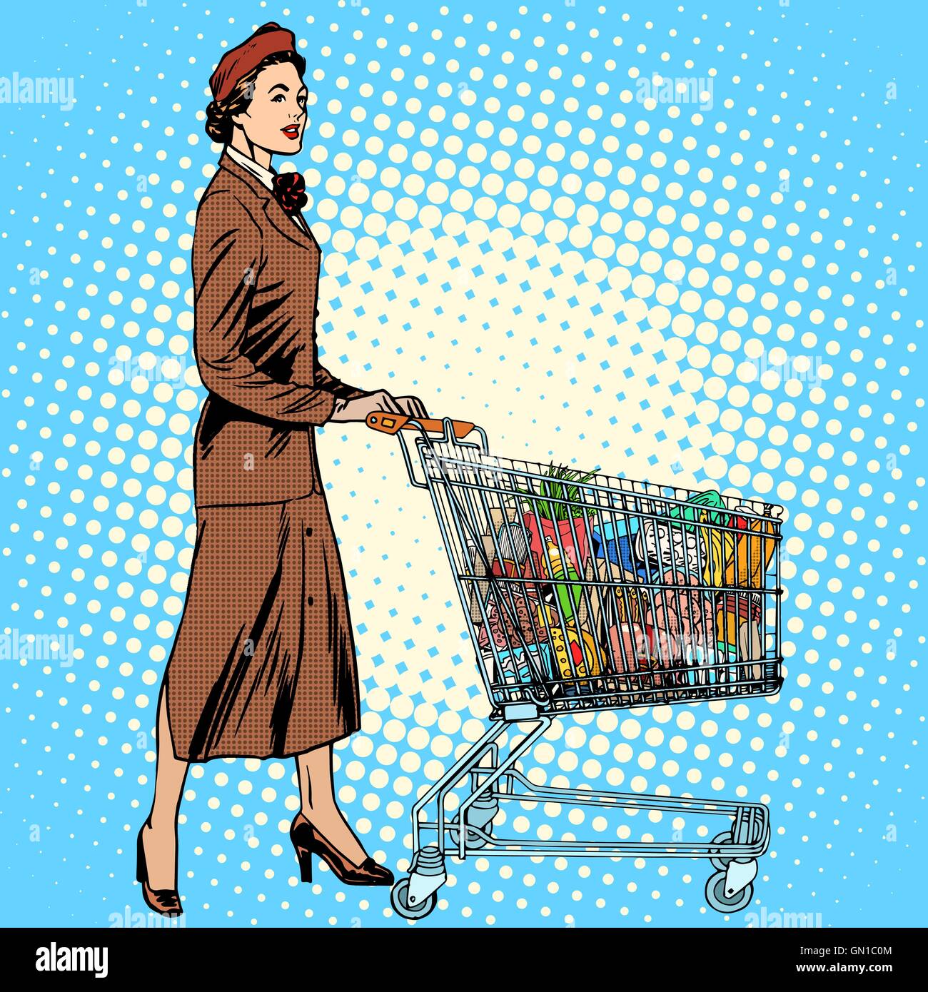 shopper grocery cart full of food Stock Vector