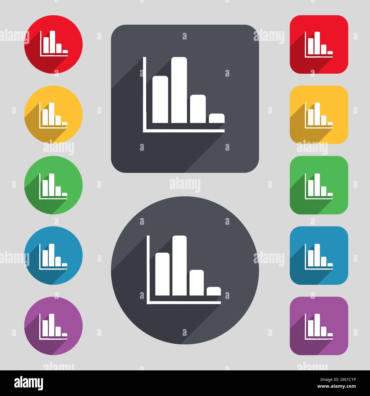 Infographic icon sign. A set of 12 colored buttons and a long shadow ...