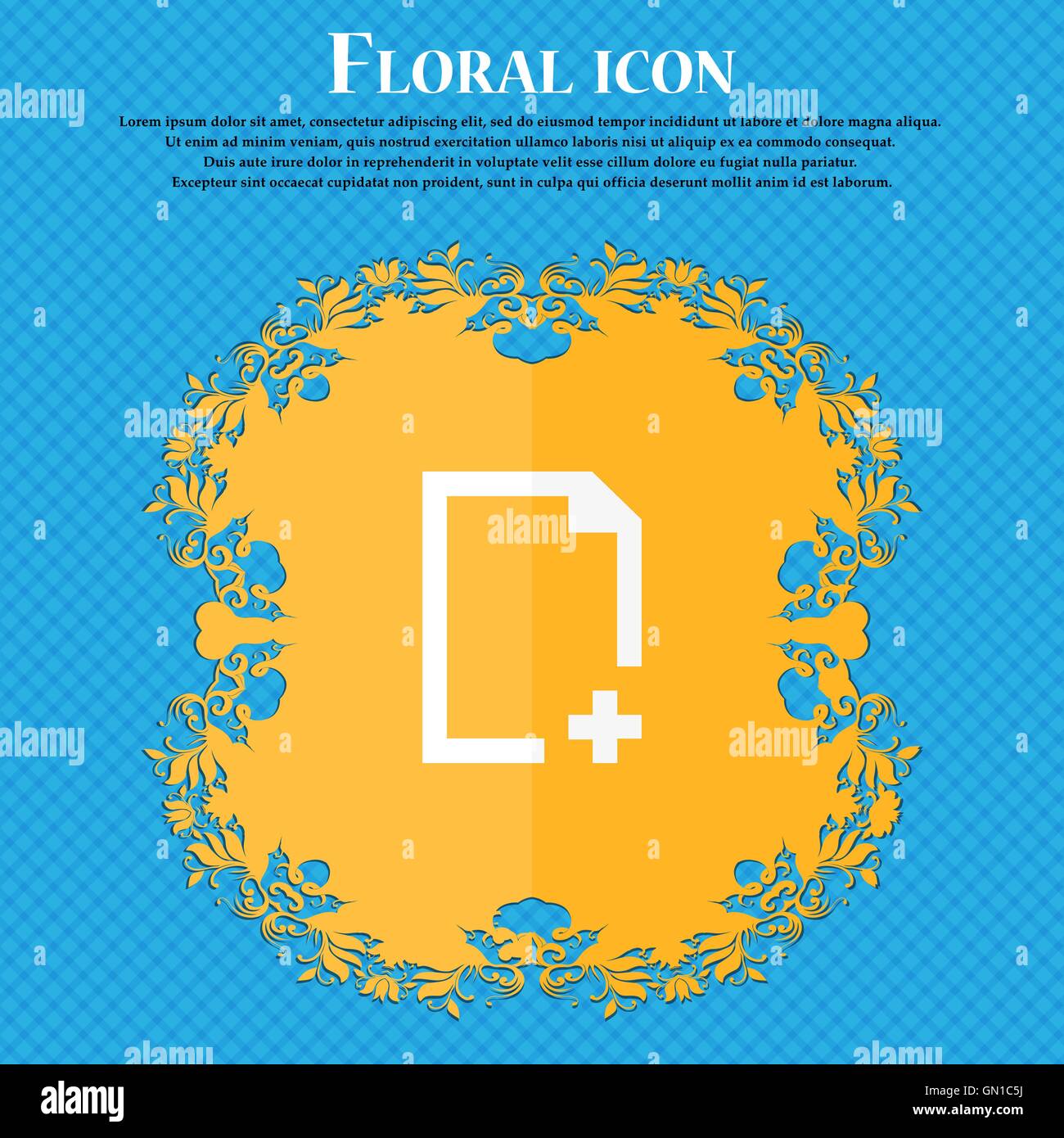 Add file icon. Floral flat design on a blue abstract background with ...