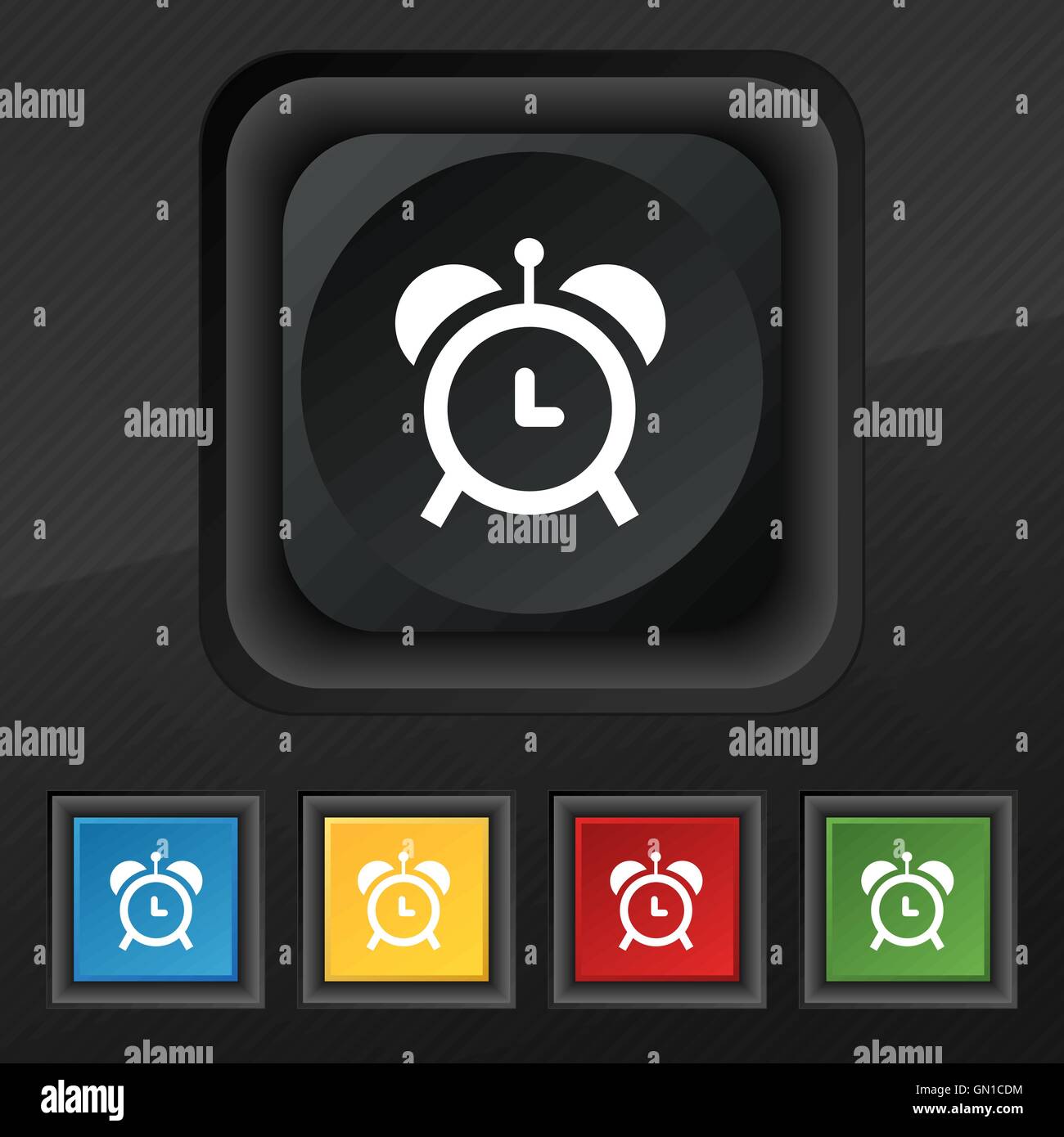alarm clock icon symbol. Set of five colorful, stylish buttons on black