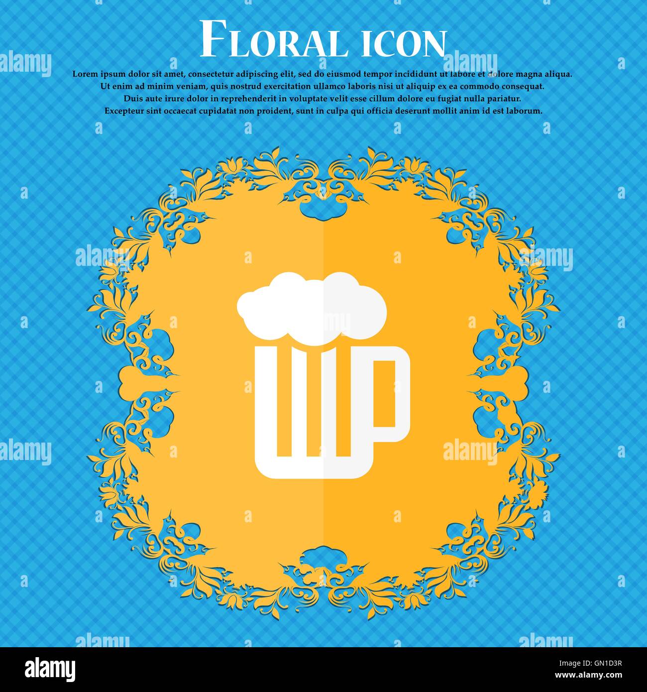 Glass of beer with foam icon. Floral flat design on a blue abstract background with place for your text. Vector Stock Vector