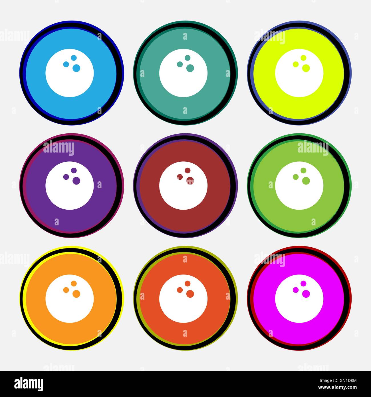 Bowling game, ball icon sign. Nine multi colored round buttons. Vector Stock Vector