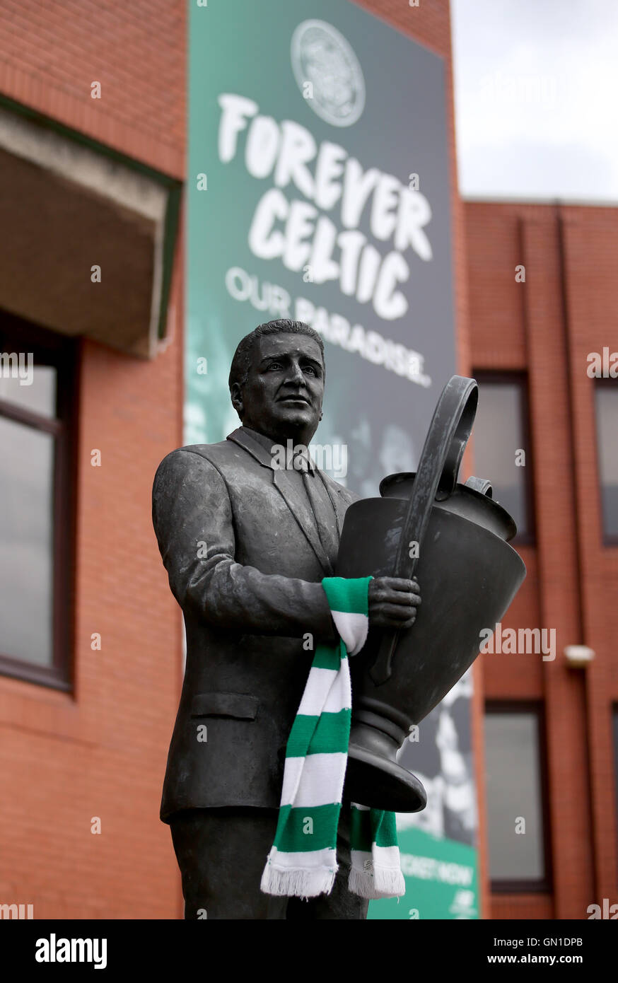 Statue of former manager Jock Stein outside Celtic Park stadium before