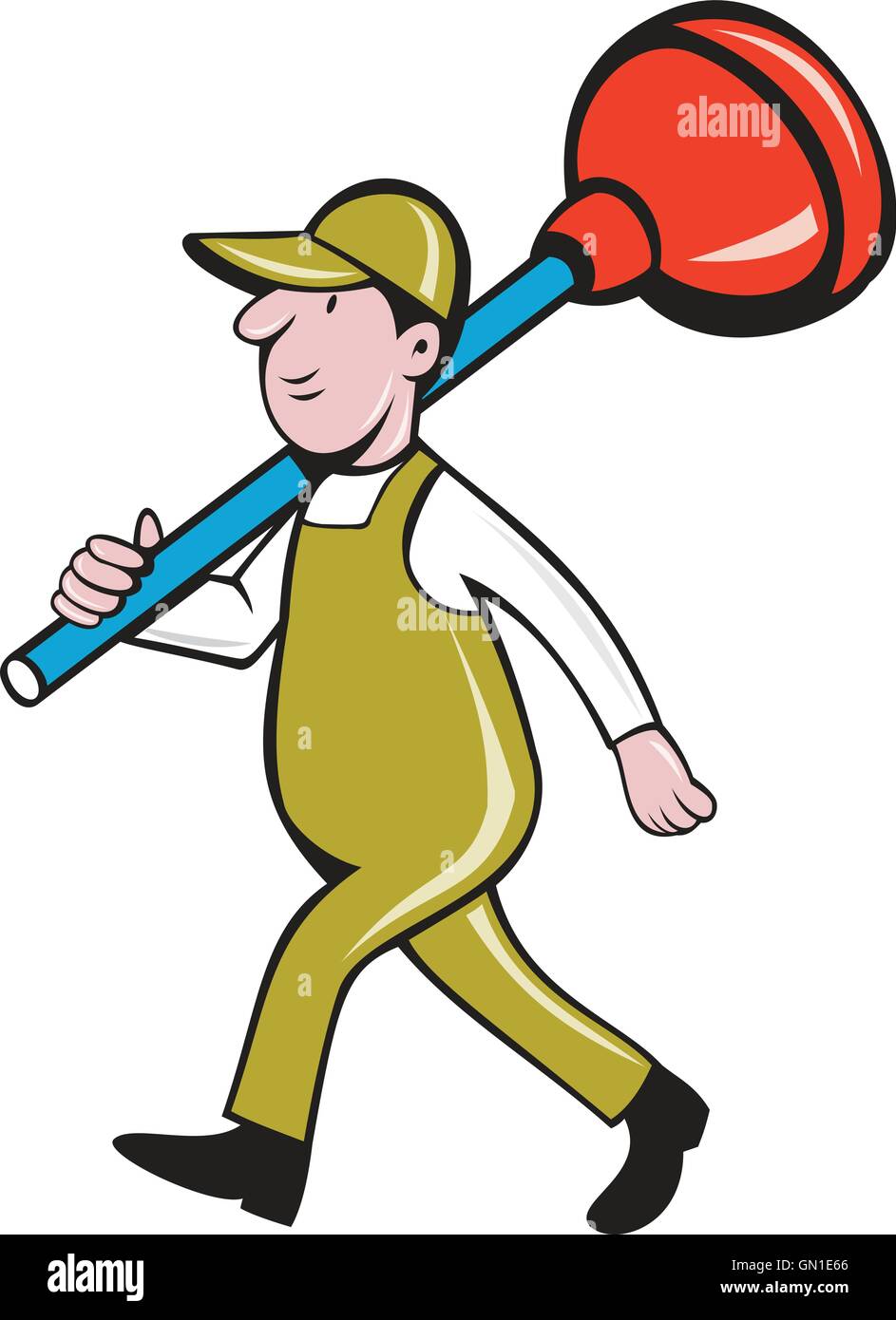 Plumber Carrying Plunger Walking Isolated Cartoon Stock Vector Image