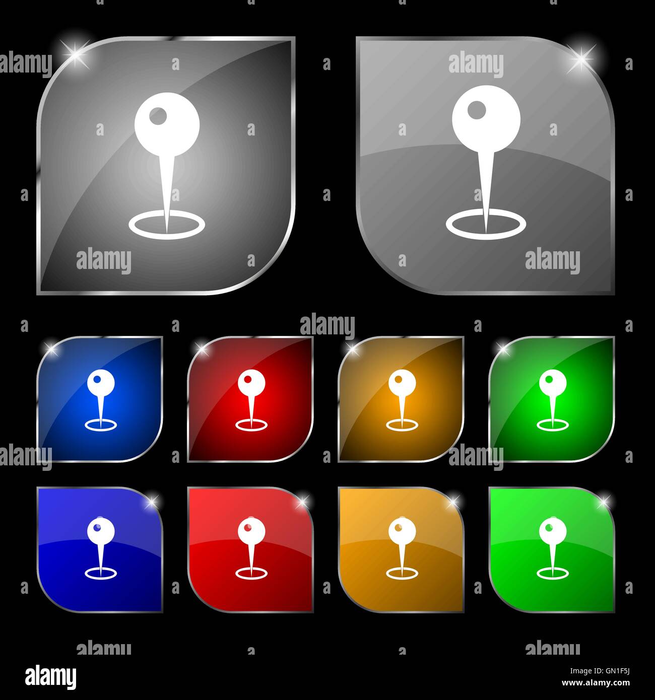 Map pointer icon sign. Set of ten colorful buttons with glare. Vector ...