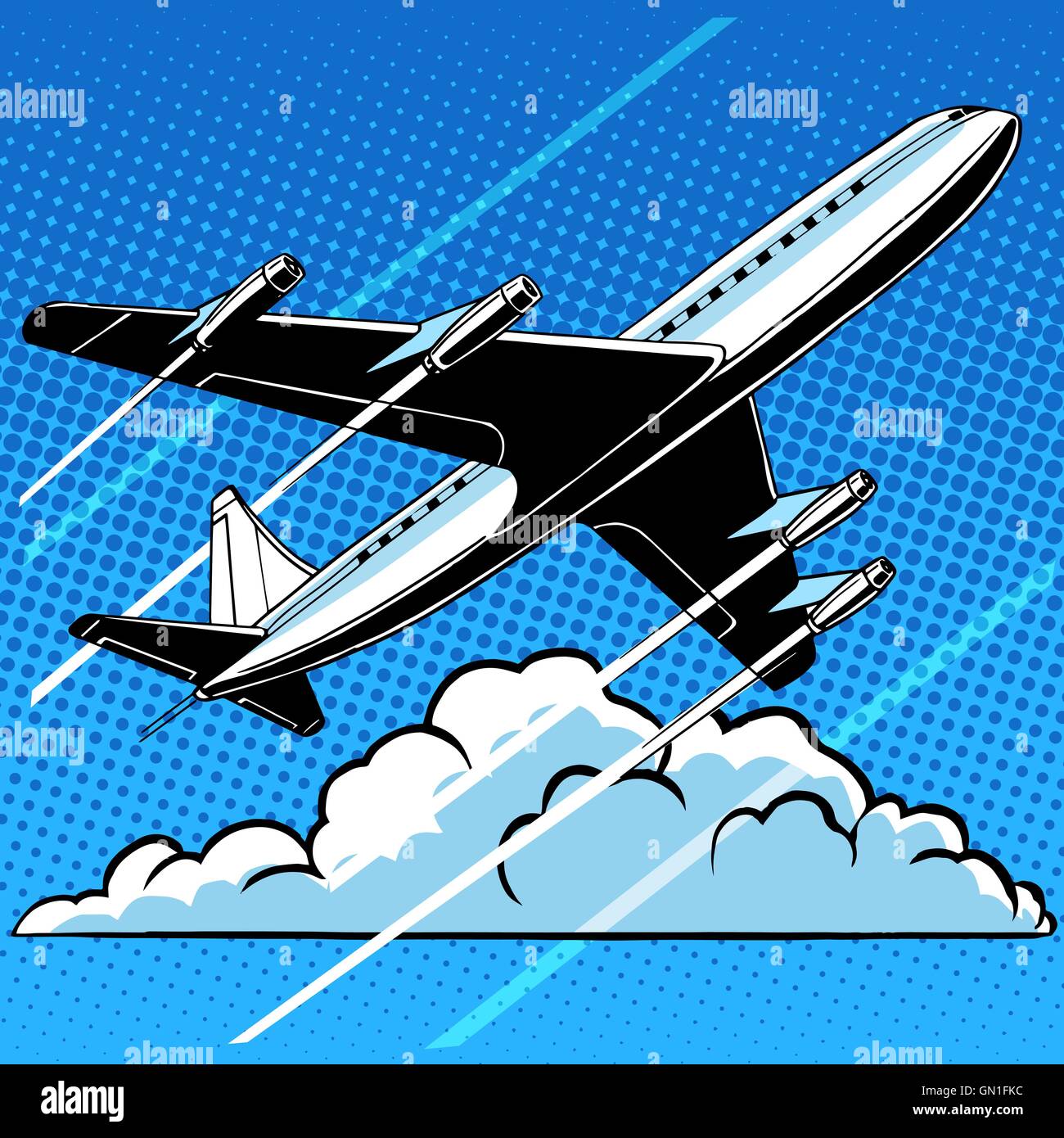 Passenger airplane in the clouds retro background Stock Vector Image ...