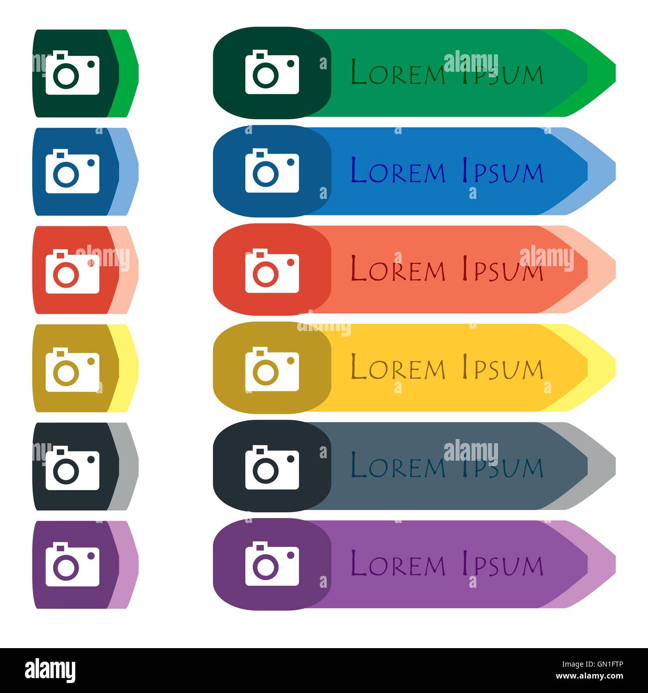 camera icon sign. Set of colorful, bright long buttons with additional ...