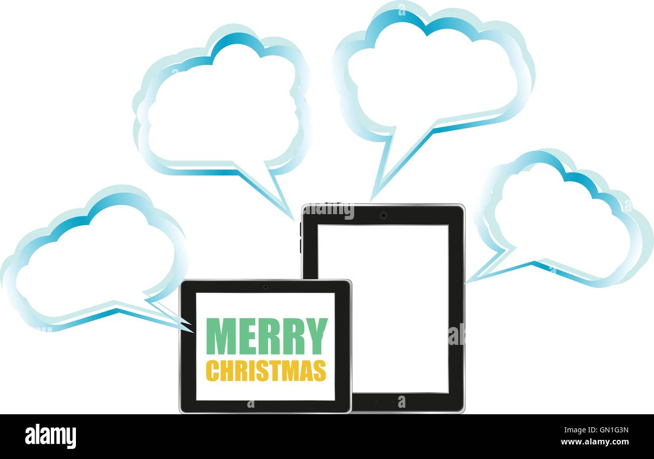 Vector illustration of a tablet pc icon with merry christmas words ...