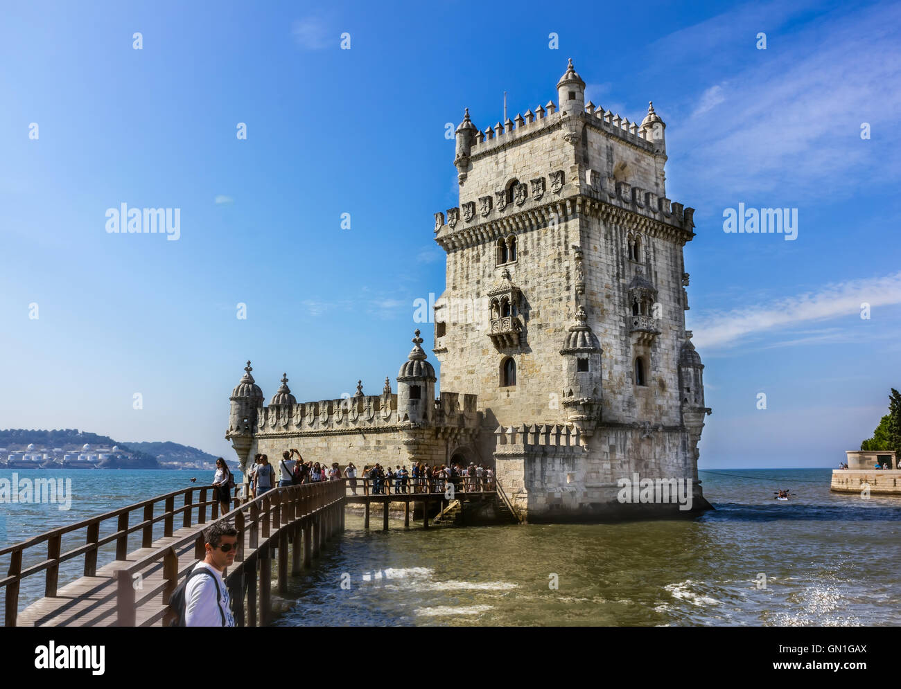 Belem Tower is a fortified tower located in the civil parish of Santa Maria de Belem in Lisbon, Portugal Stock Photo