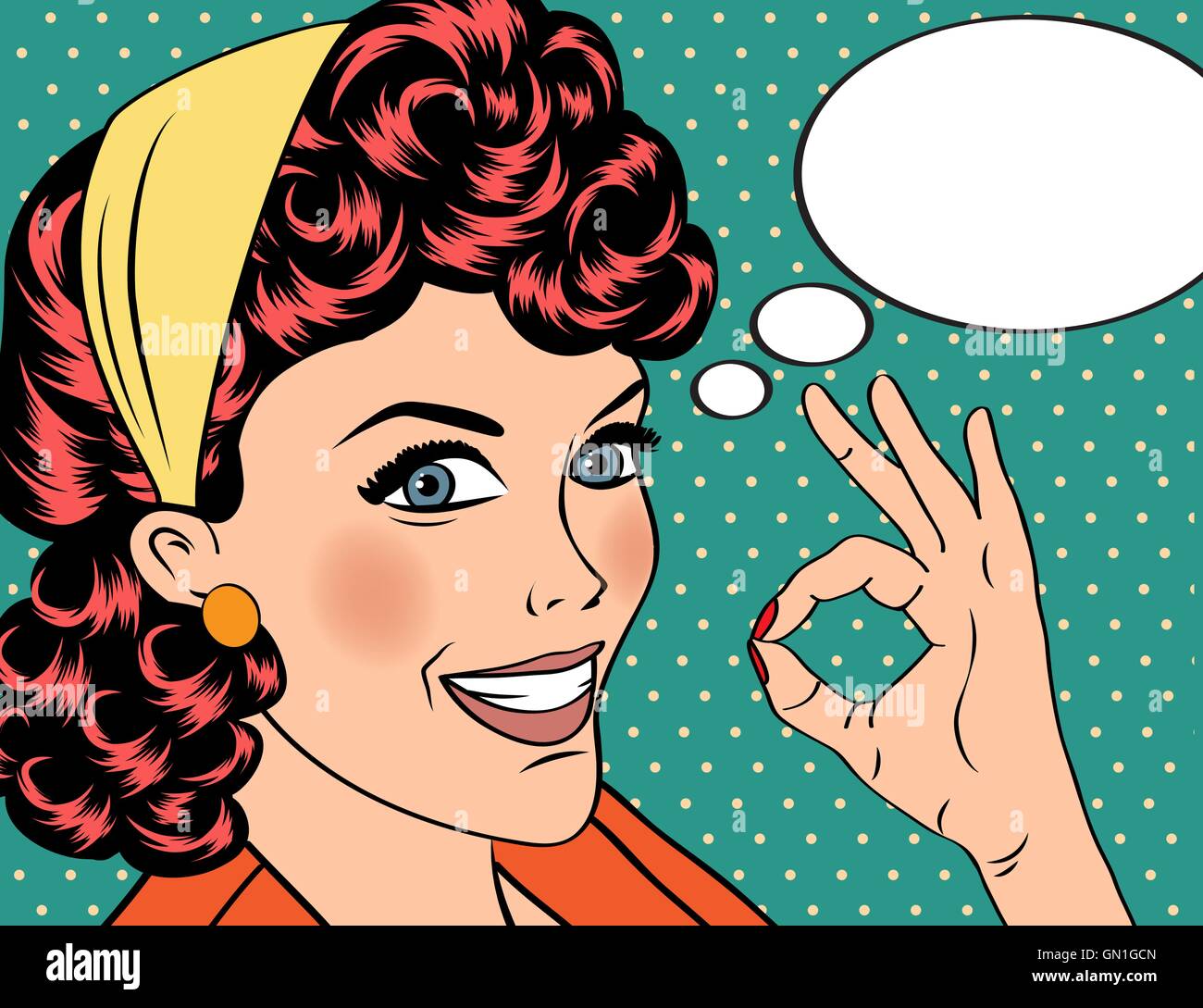 pop art cute retro woman in comics style with OK sign Stock Vector