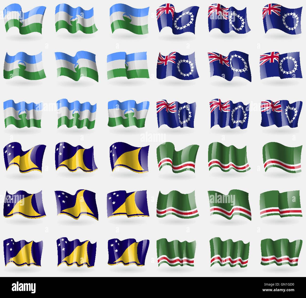 KabardinoBalkaria, Cook Islands, Tokelau, Chechen Republic of Ichkeria. Set of 36 flags of the countries of the world. Vector Stock Vector