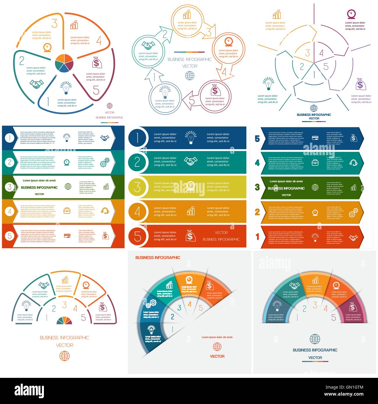 Set templates Infographics for business conceptual cyclic processes on five positions Stock Vector