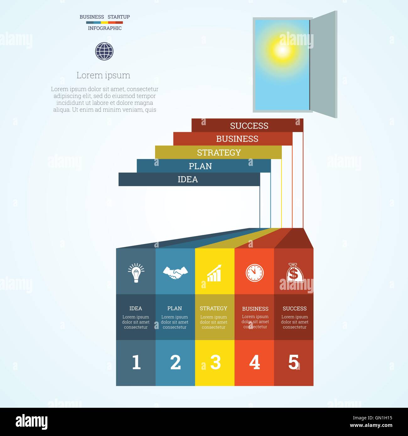 Vector illustration Infographic template steps up ladders and doorway ...